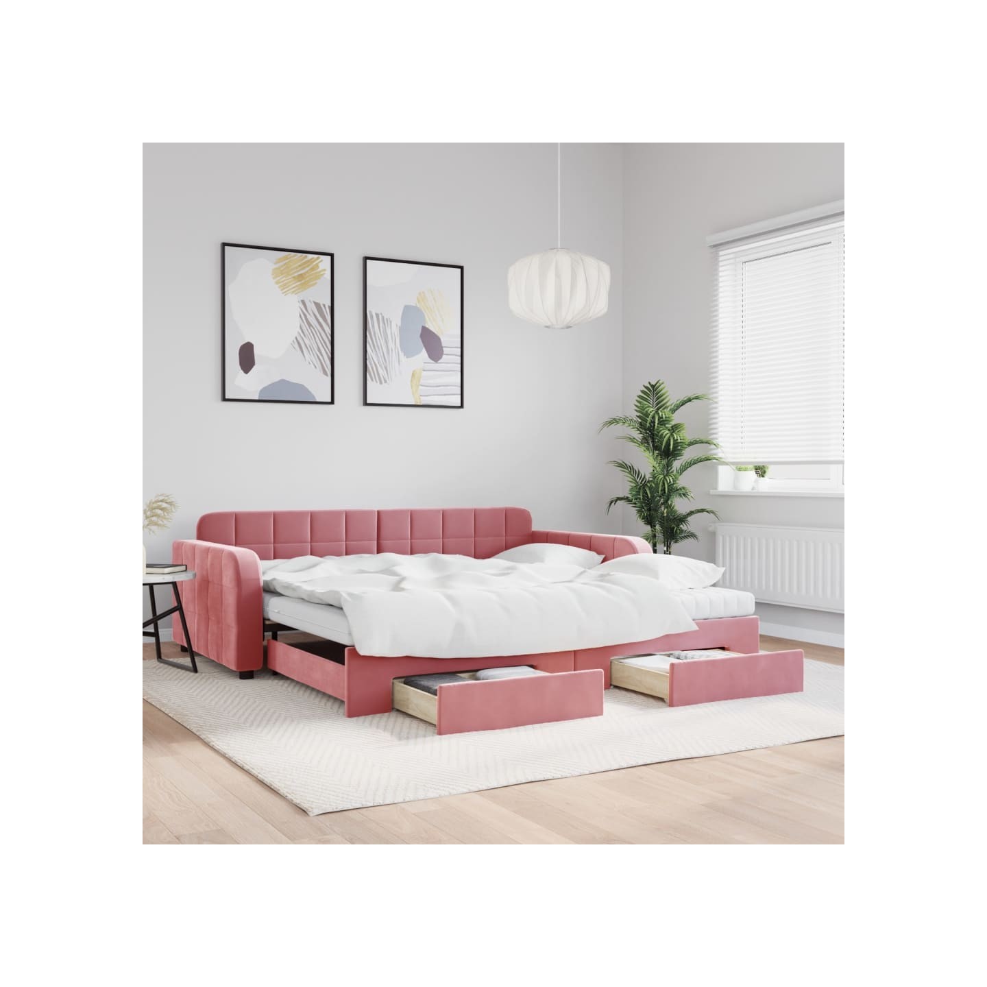 Lit de jour avec gigogne et tiroirs rose 100x200 cm velours