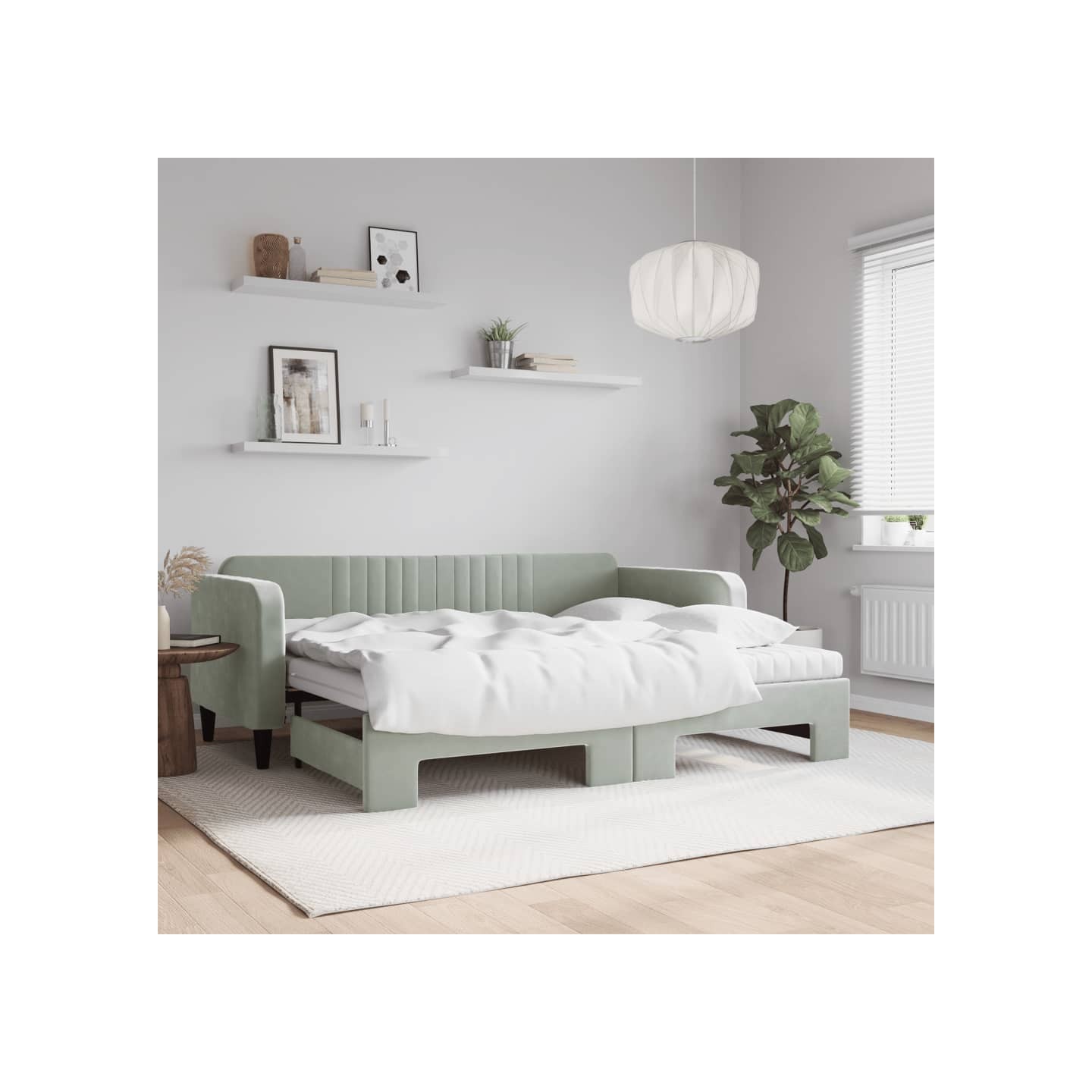 Lit de jour avec gigogne et matelas gris clair 90x200cm velours