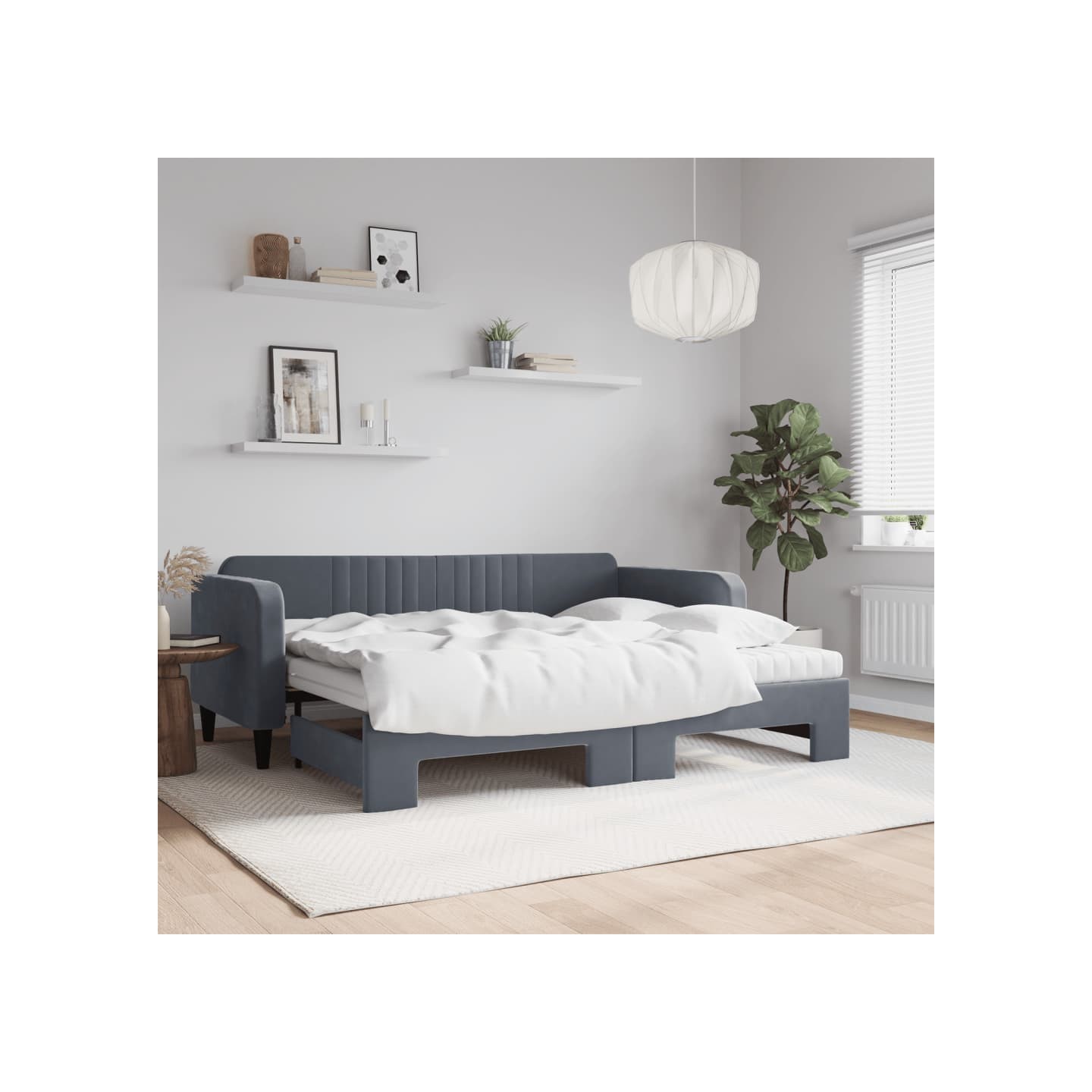 Lit de jour avec gigogne et matelas gris foncé 90x200cm velours