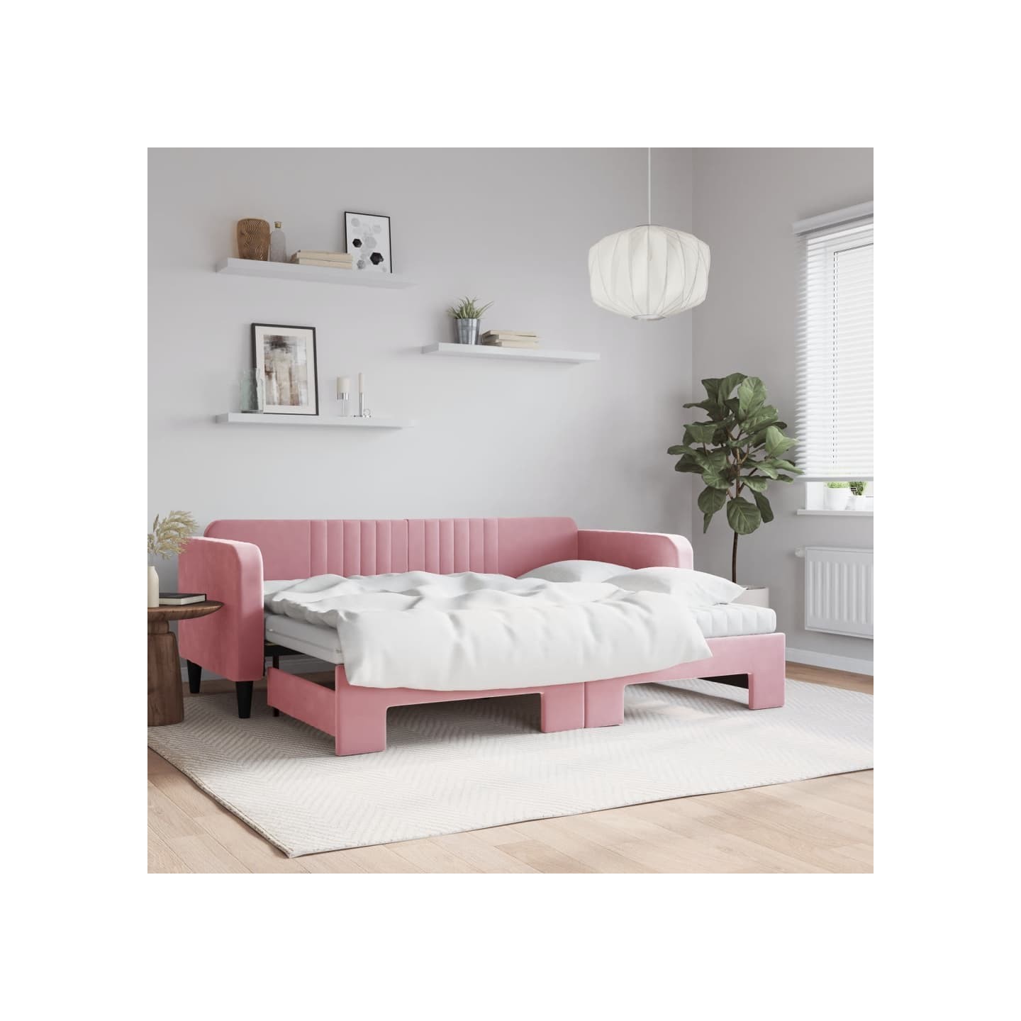 Lit de jour avec lit gigogne et matelas rose 80x200 cm velours