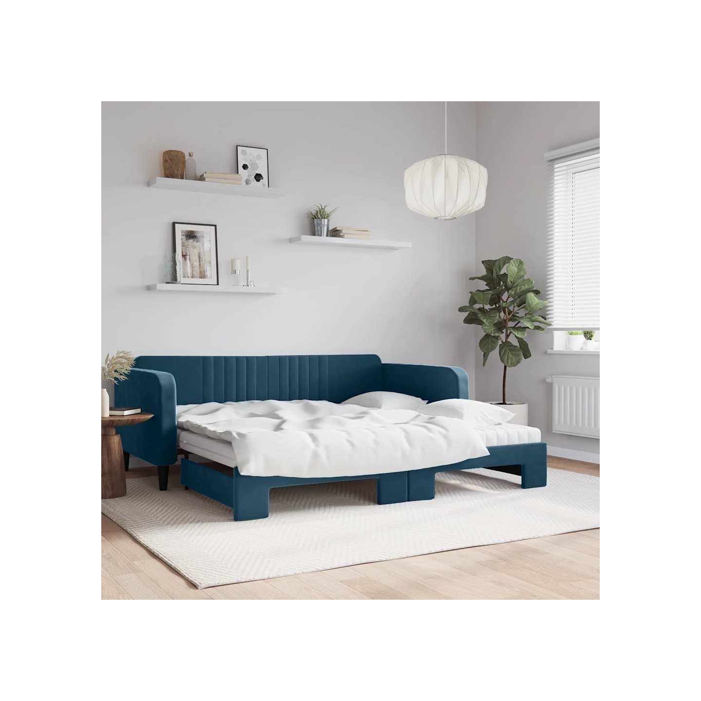 Lit de jour avec lit gigogne et matelas bleu 100x200 cm velours