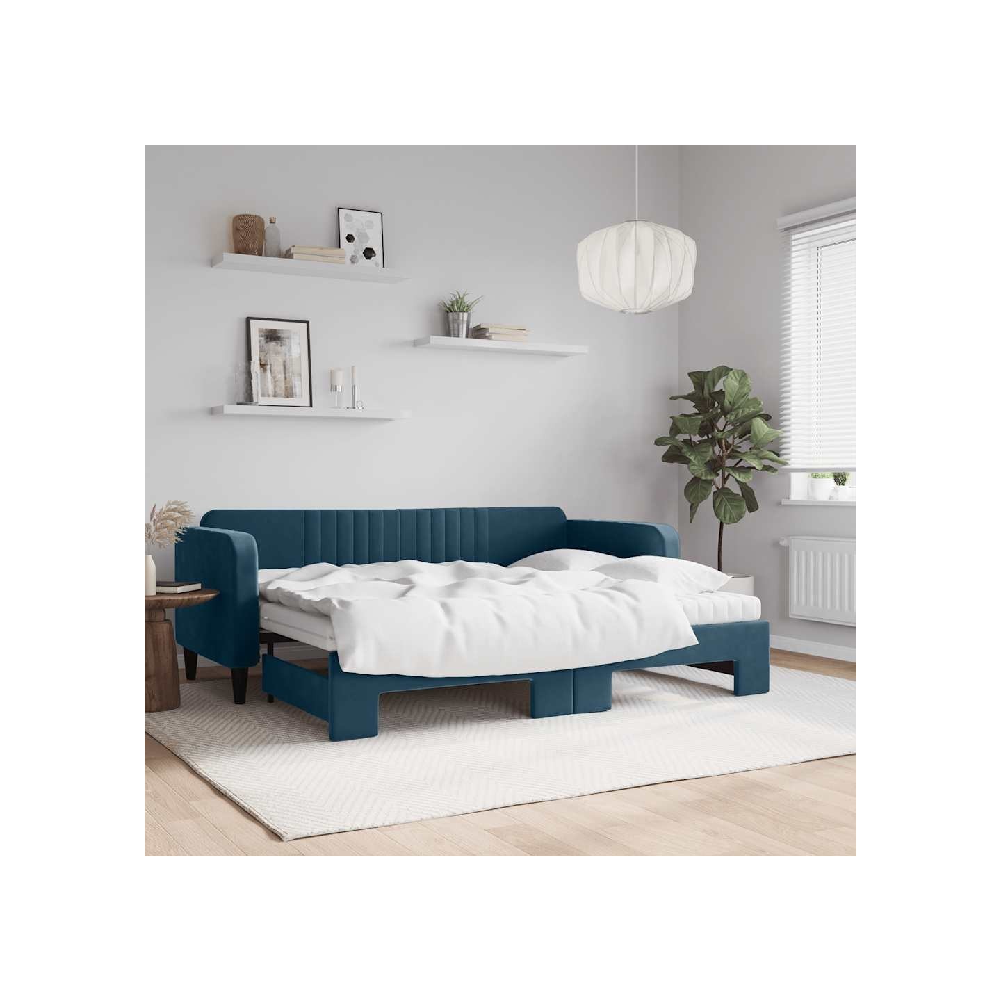 Lit de jour avec lit gigogne et matelas bleu 80x200 cm velours