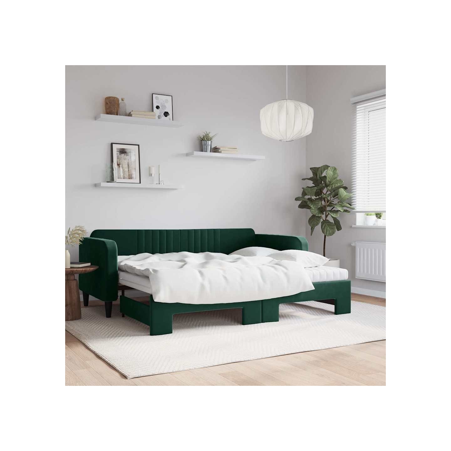 Lit de jour avec gigogne et matelas vert foncé 90x200cm velours