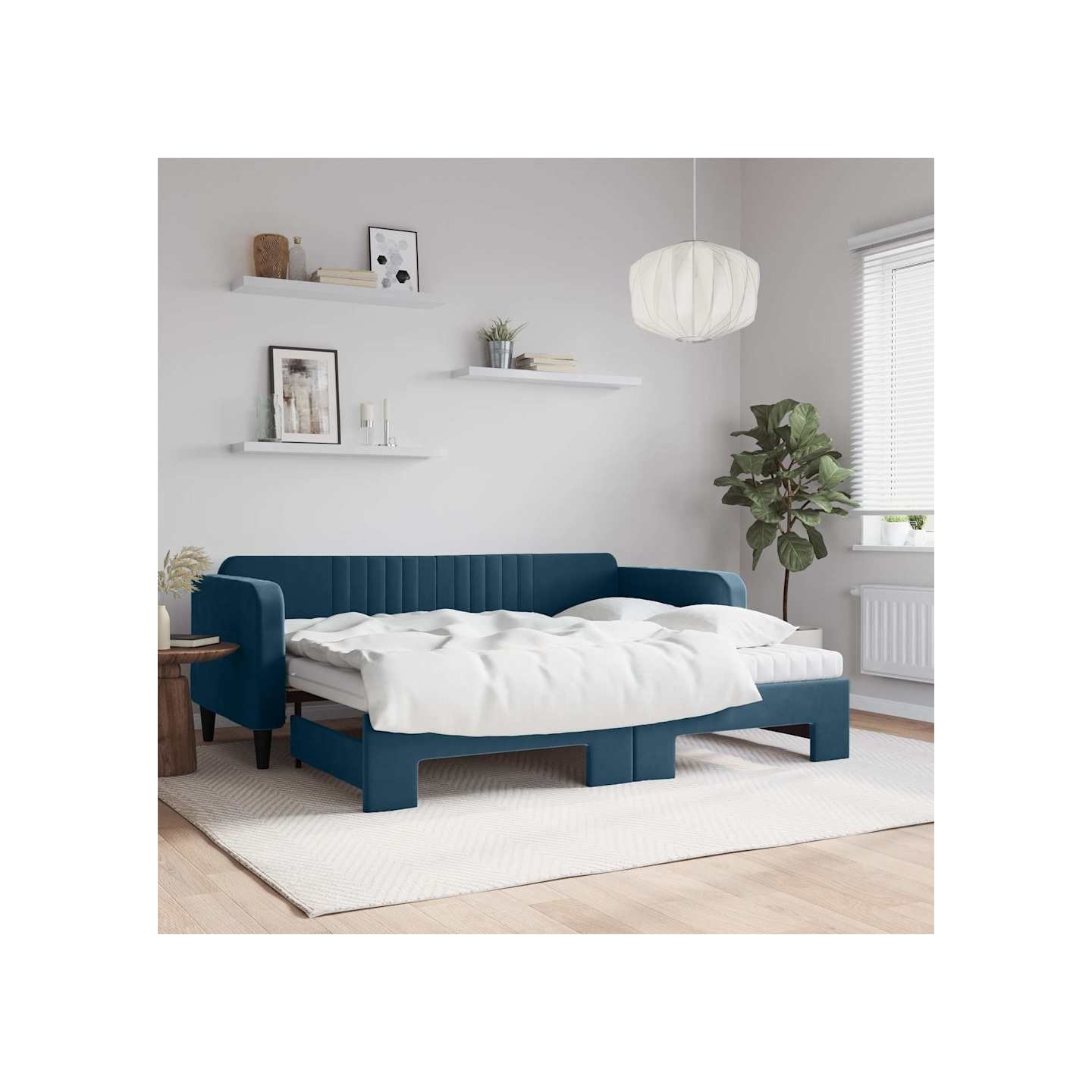 Lit de jour avec lit gigogne et matelas bleu 90x200 cm velours