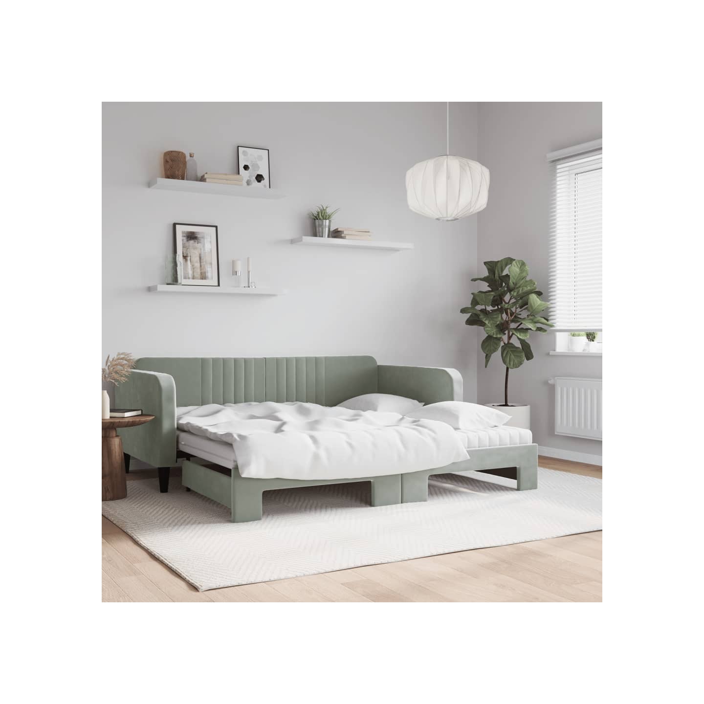 Lit de jour avec gigogne et matelas gris clair 90x190cm velours