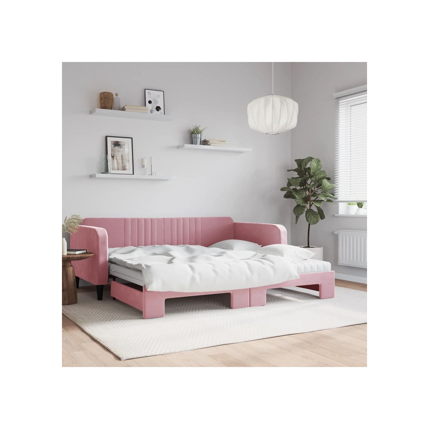 Lit de jour avec lit gigogne et matelas rose 100x200 cm velours
