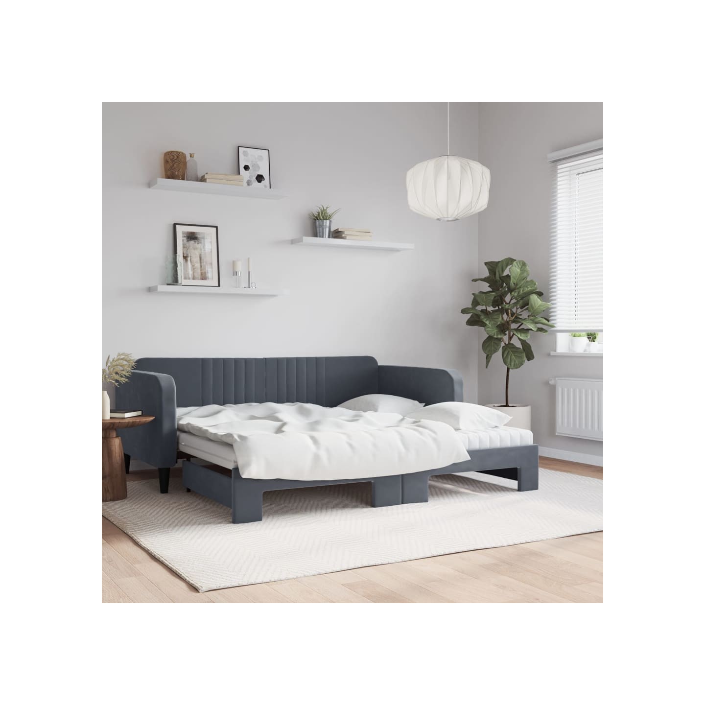 Lit de jour avec gigogne et matelas gris foncé 90x190cm velours