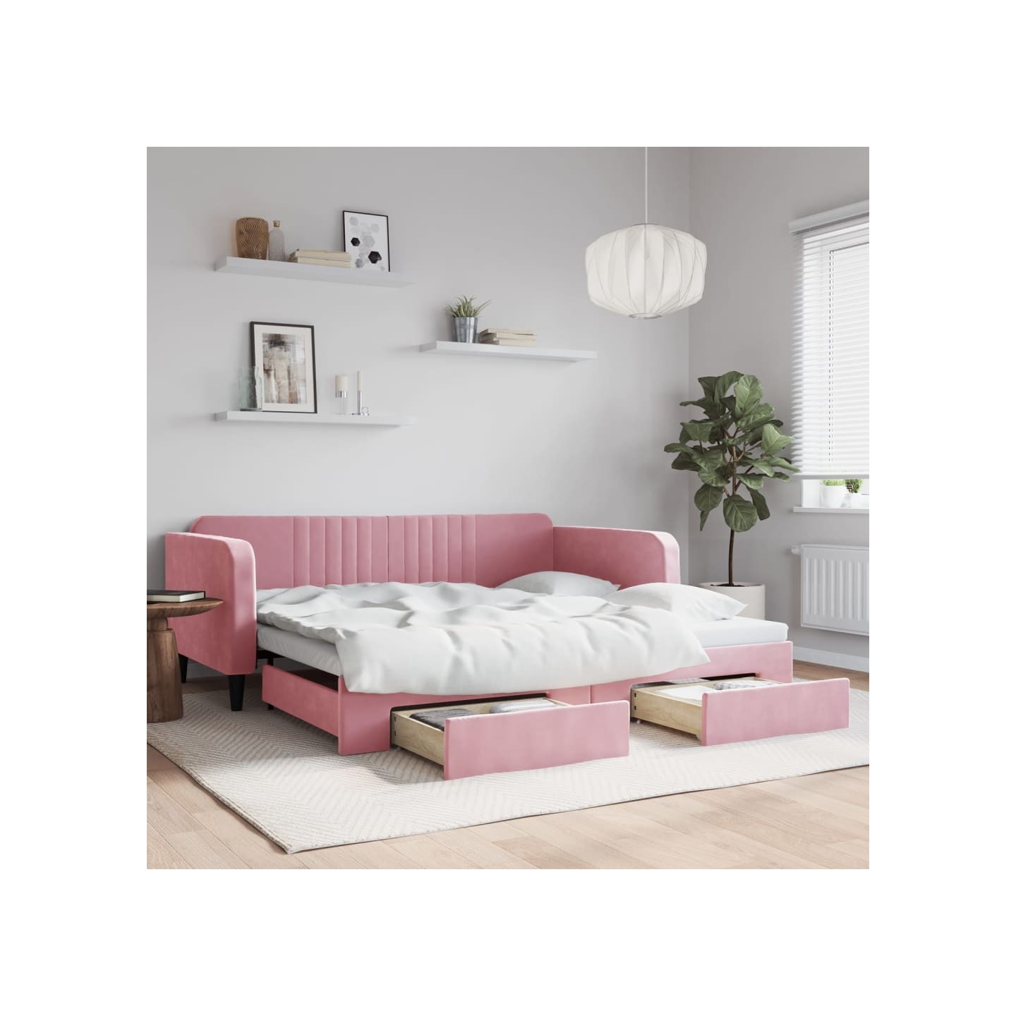 Lit de jour avec gigogne et tiroirs rose 100x200 cm velours