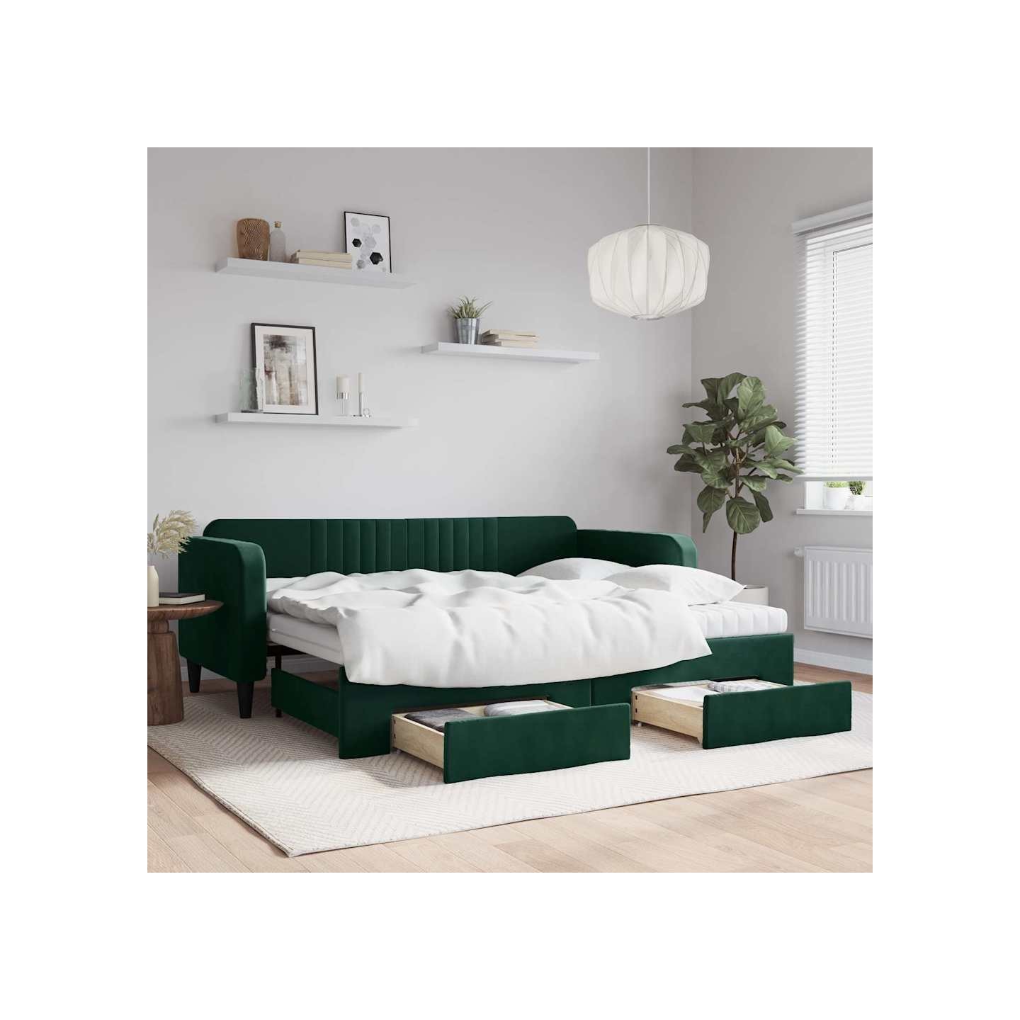 Lit de jour avec gigogne et tiroirs vert foncé 90x200cm velours