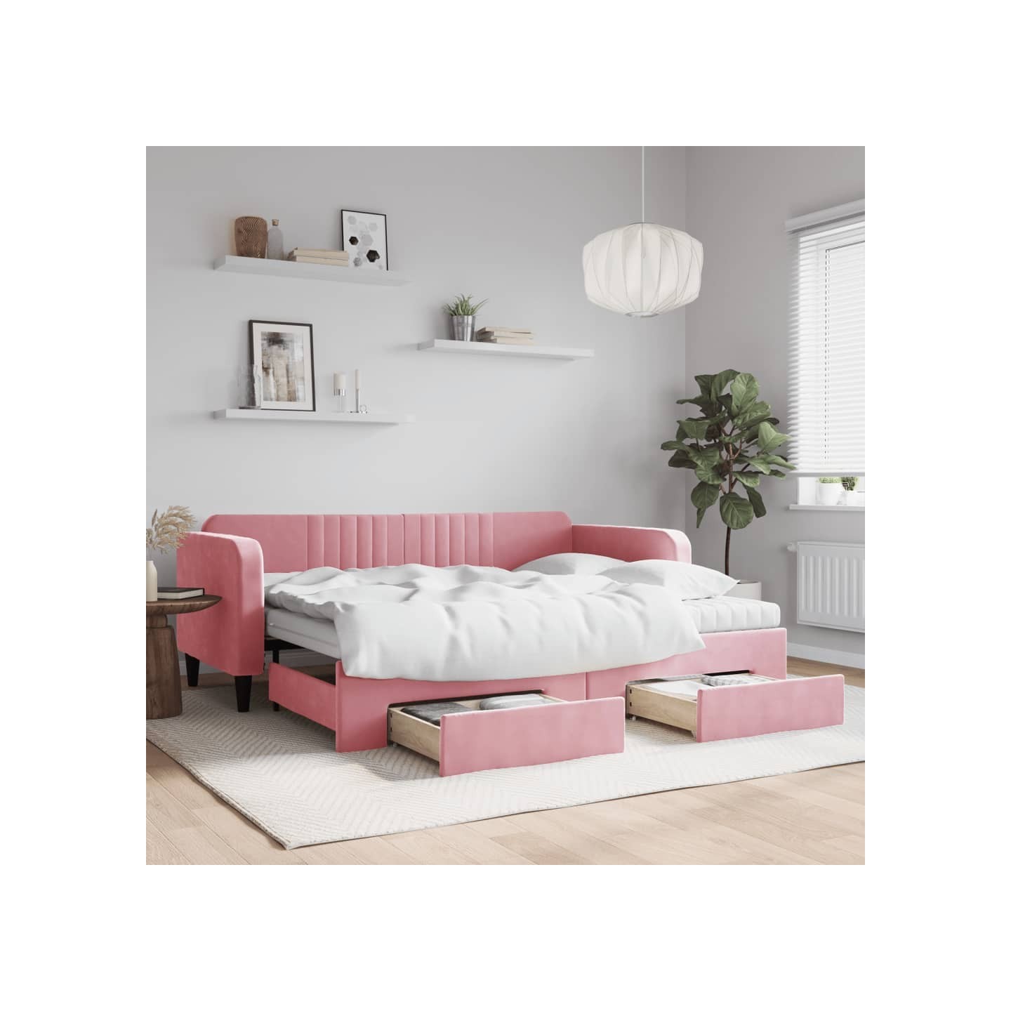 Lit de jour avec gigogne et tiroirs rose 90x200 cm velours