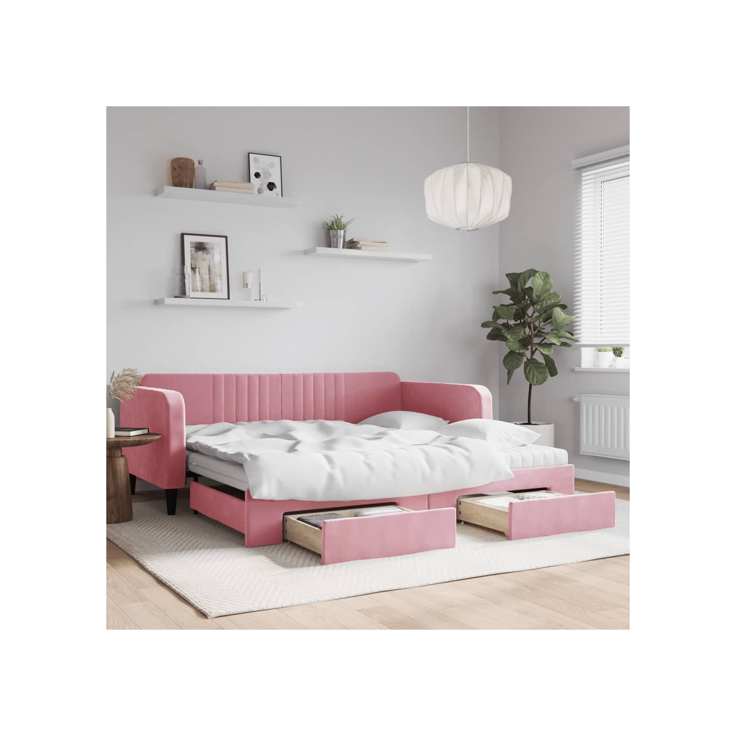 Lit de jour avec gigogne et tiroirs rose 100x200 cm velours