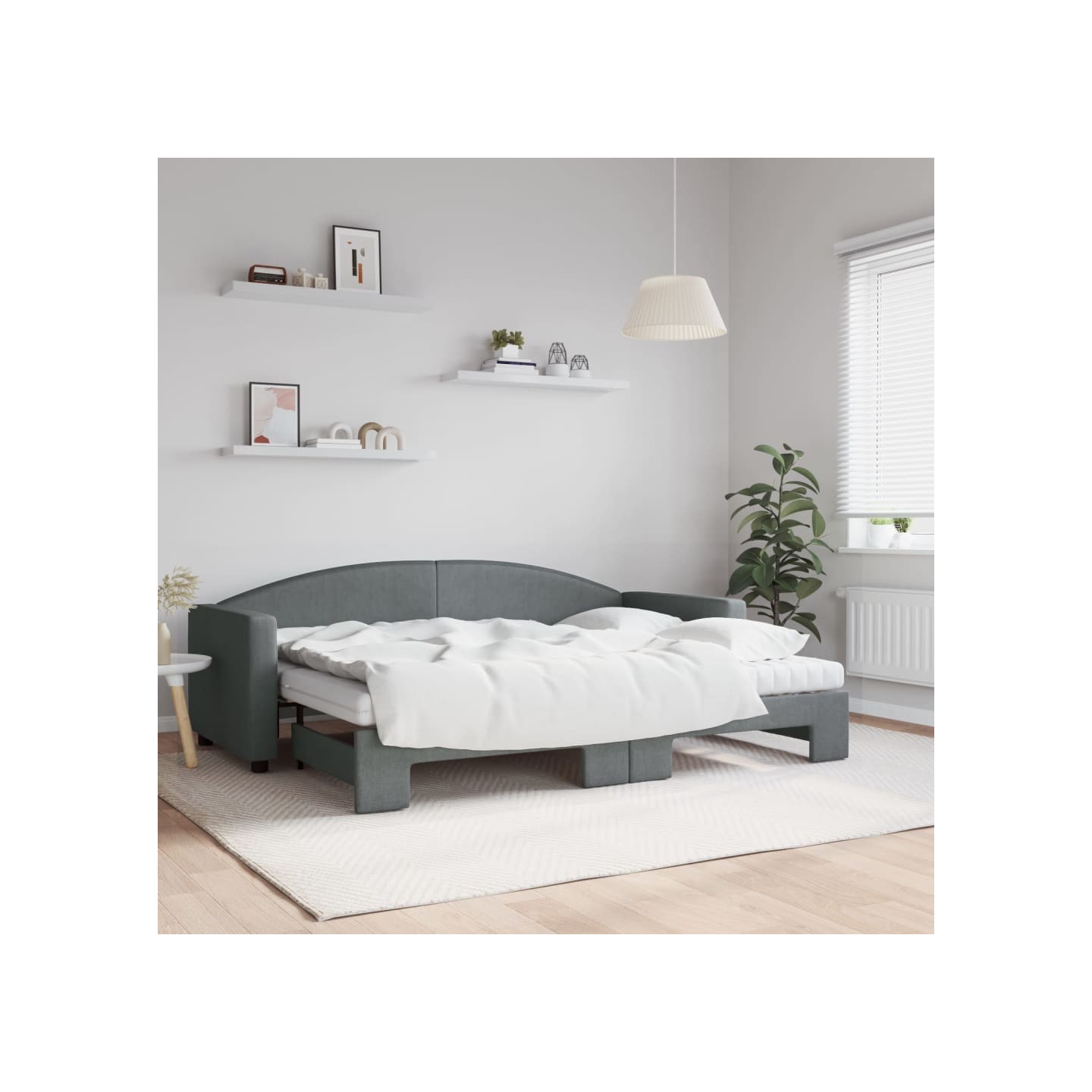 Lit de jour avec gigogne et matelas gris foncé 80x200 cm tissu