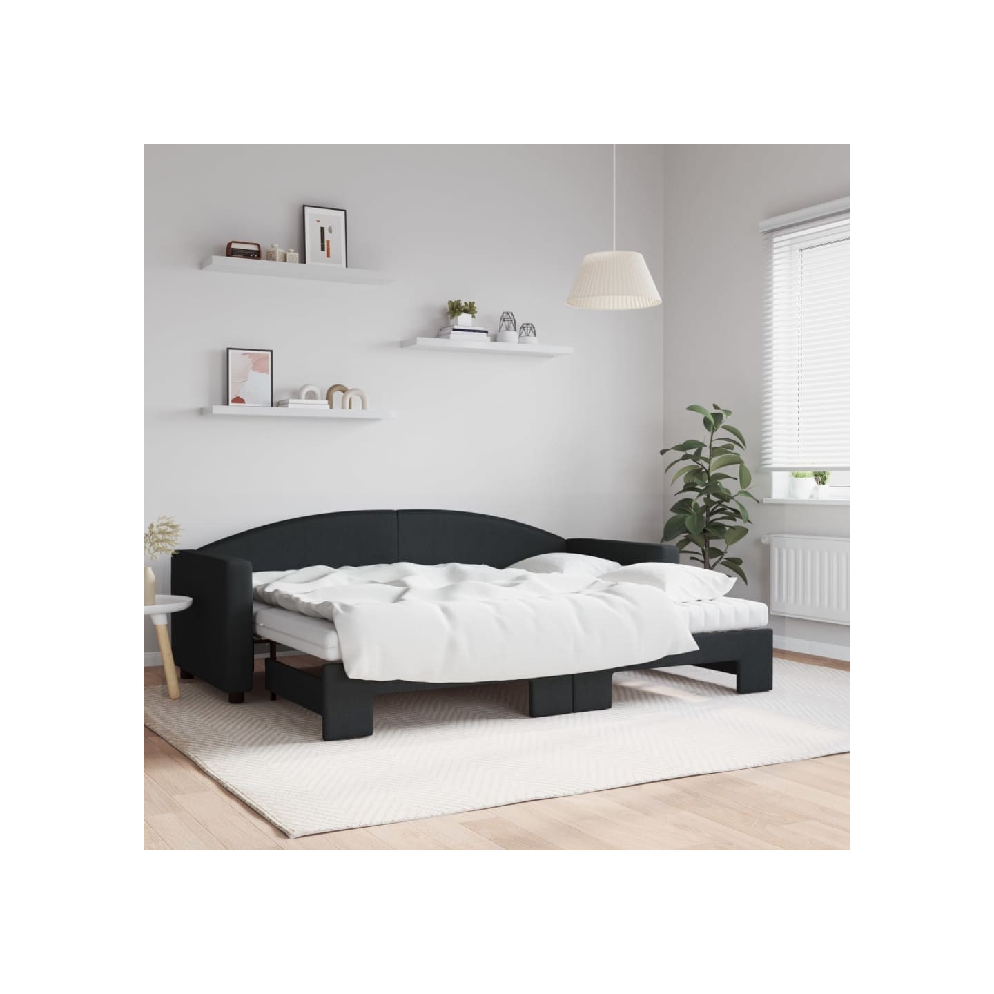 Lit de jour avec lit gigogne et matelas noir 80x200 cm tissu
