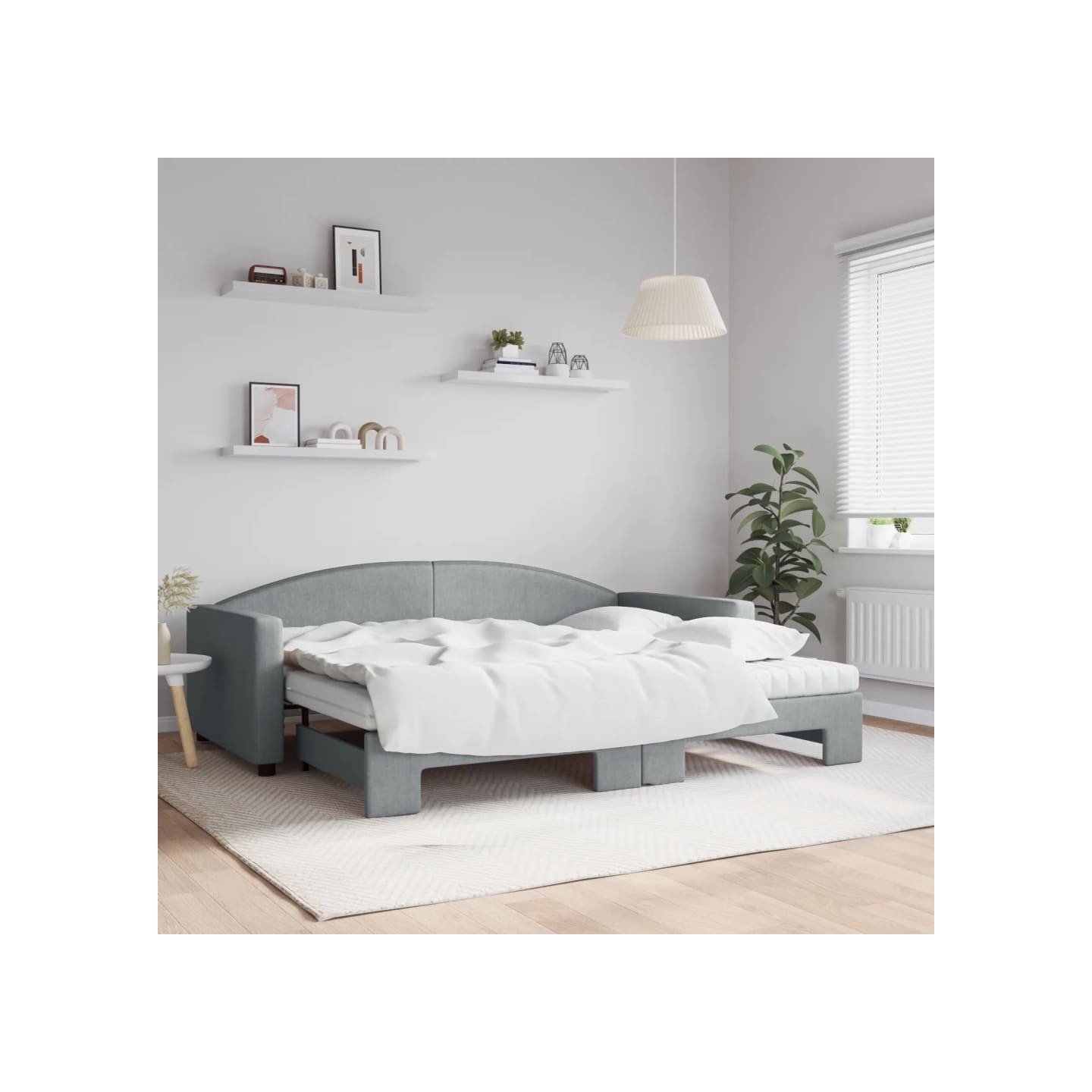 Lit de jour avec gigogne et matelas gris clair 90x200 cm tissu