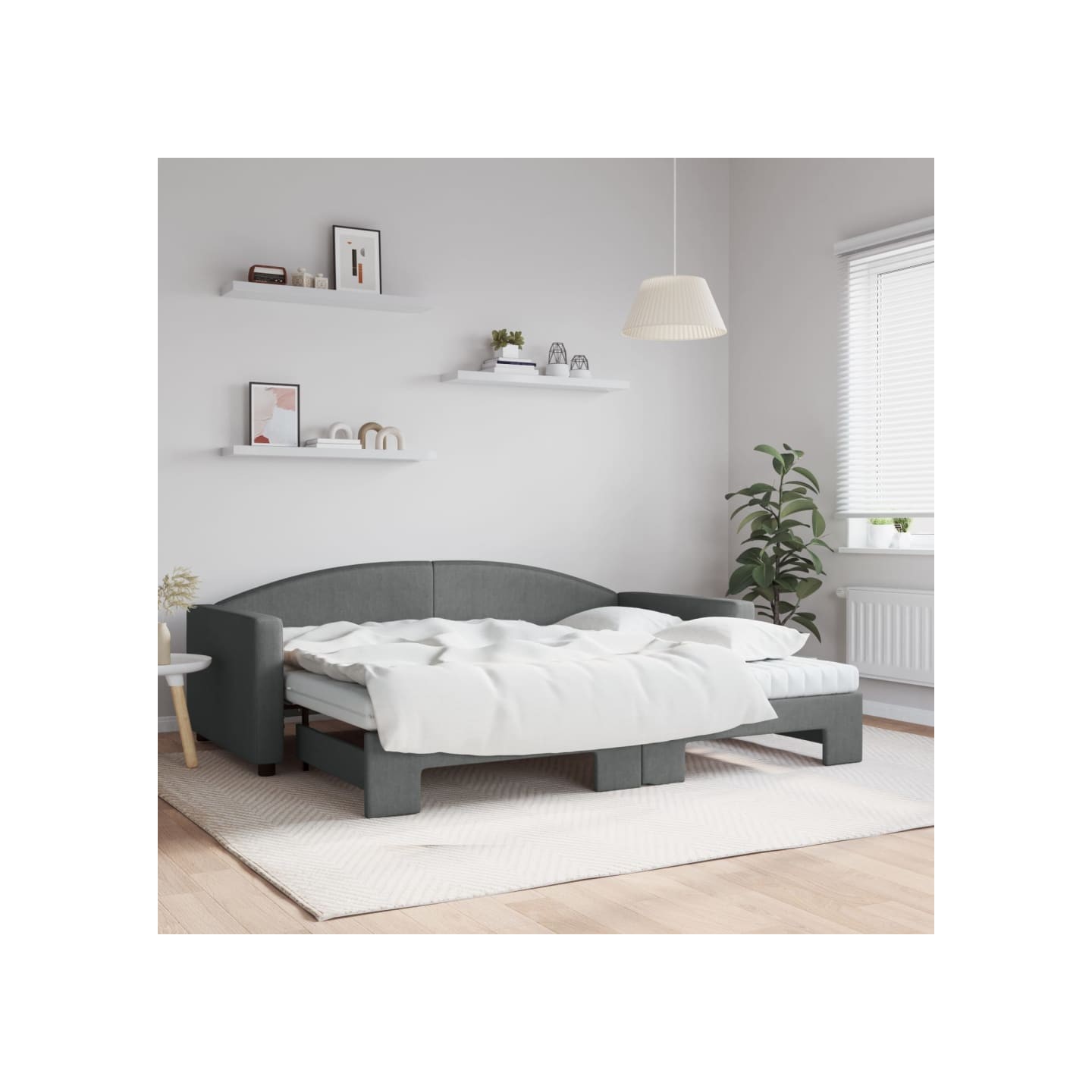 Lit de jour avec gigogne et matelas gris foncé 90x200 cm tissu