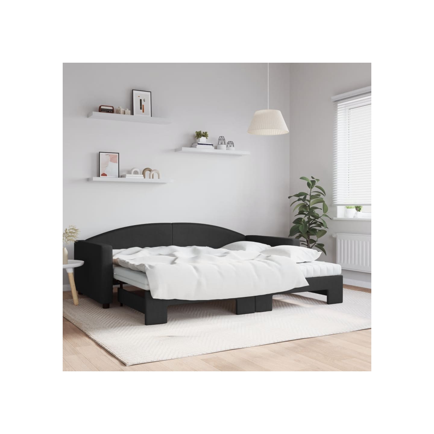 Lit de jour avec gigogne et matelas noir 90x200 cm tissu