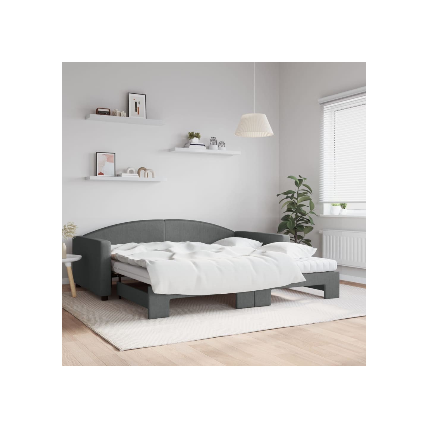 Lit de jour avec gigogne et matelas gris foncé 100x200 cm tissu
