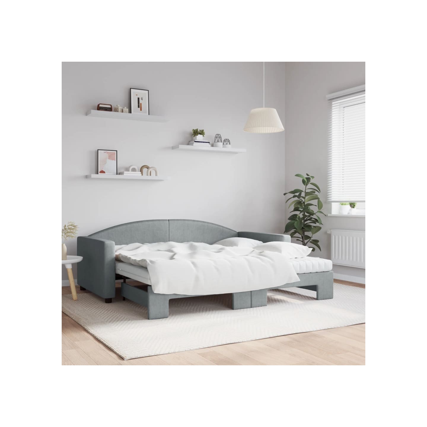 Lit de jour avec gigogne et matelas gris clair 90x190 cm tissu