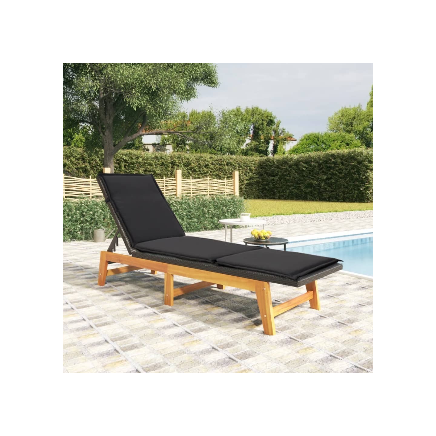 Chaise longue avec coussin Résine tressée/bois massif d'acacia