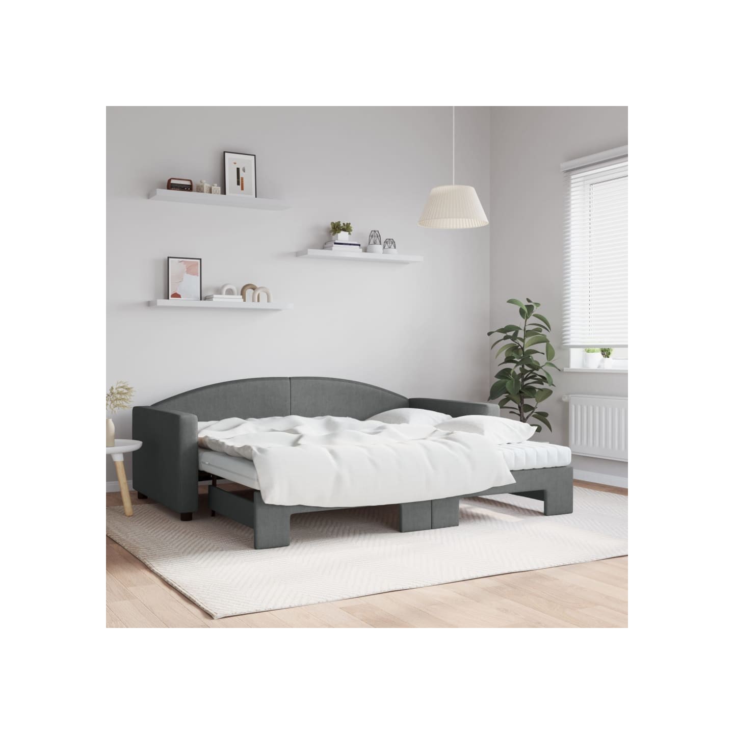 Lit de jour avec gigogne et matelas gris foncé 90x190 cm tissu