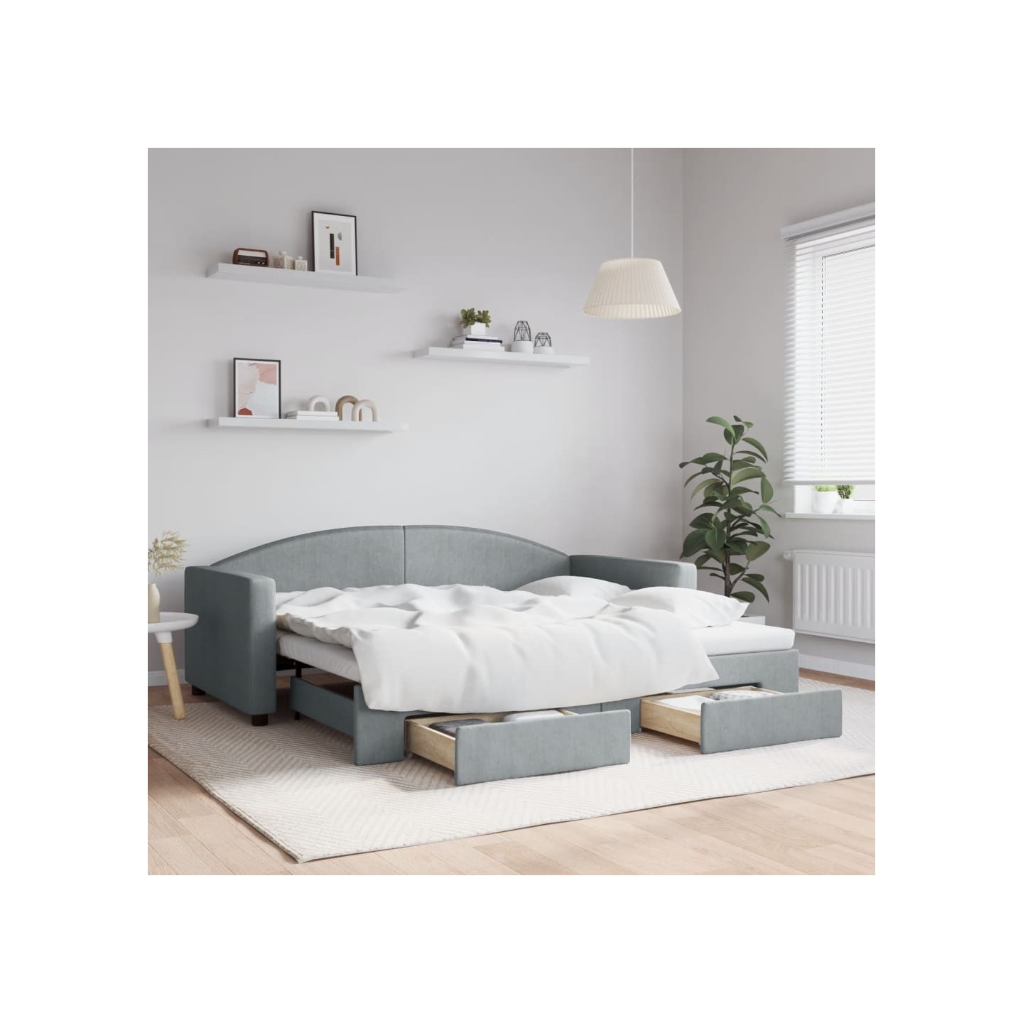 Lit de jour avec gigogne et tiroirs gris clair 90x190 cm tissu