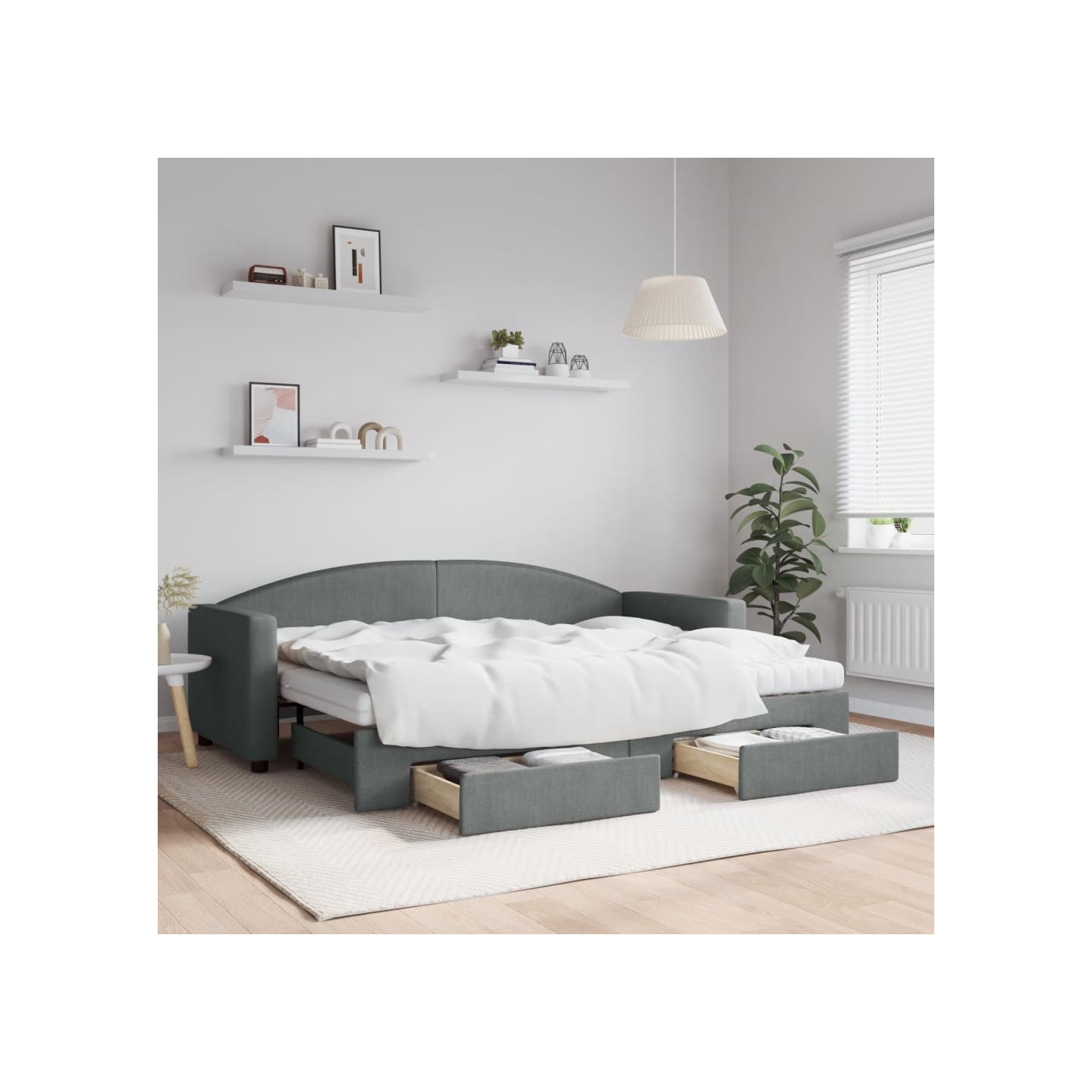 Lit de jour avec gigogne et tiroirs gris foncé 80x200 cm tissu