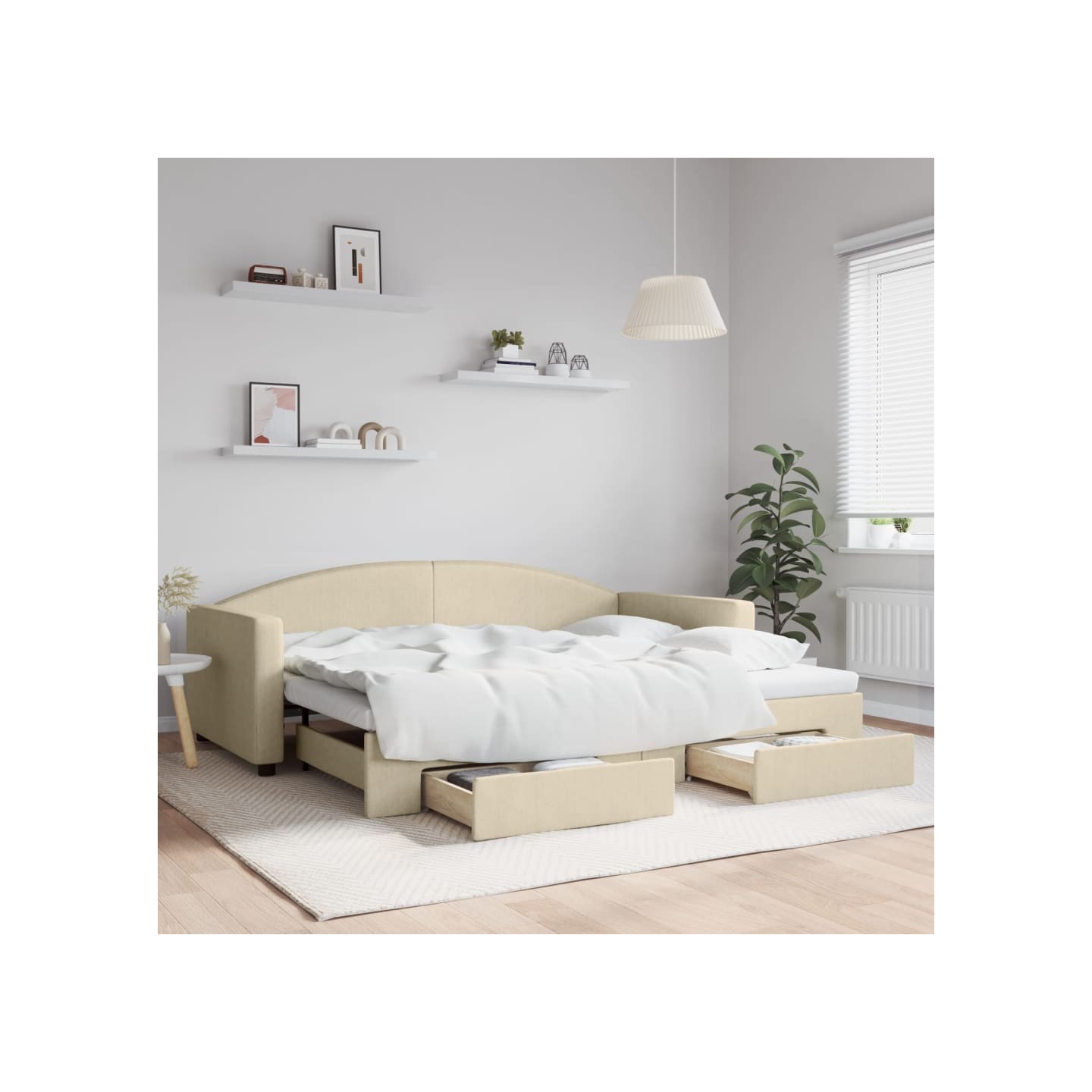 Lit de jour avec gigogne et tiroirs sans matelas crème 90x200cm