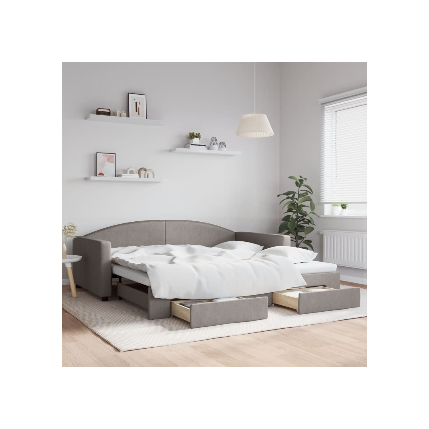 Lit de jour avec gigogne et tiroirs taupe 100x200 cm tissu