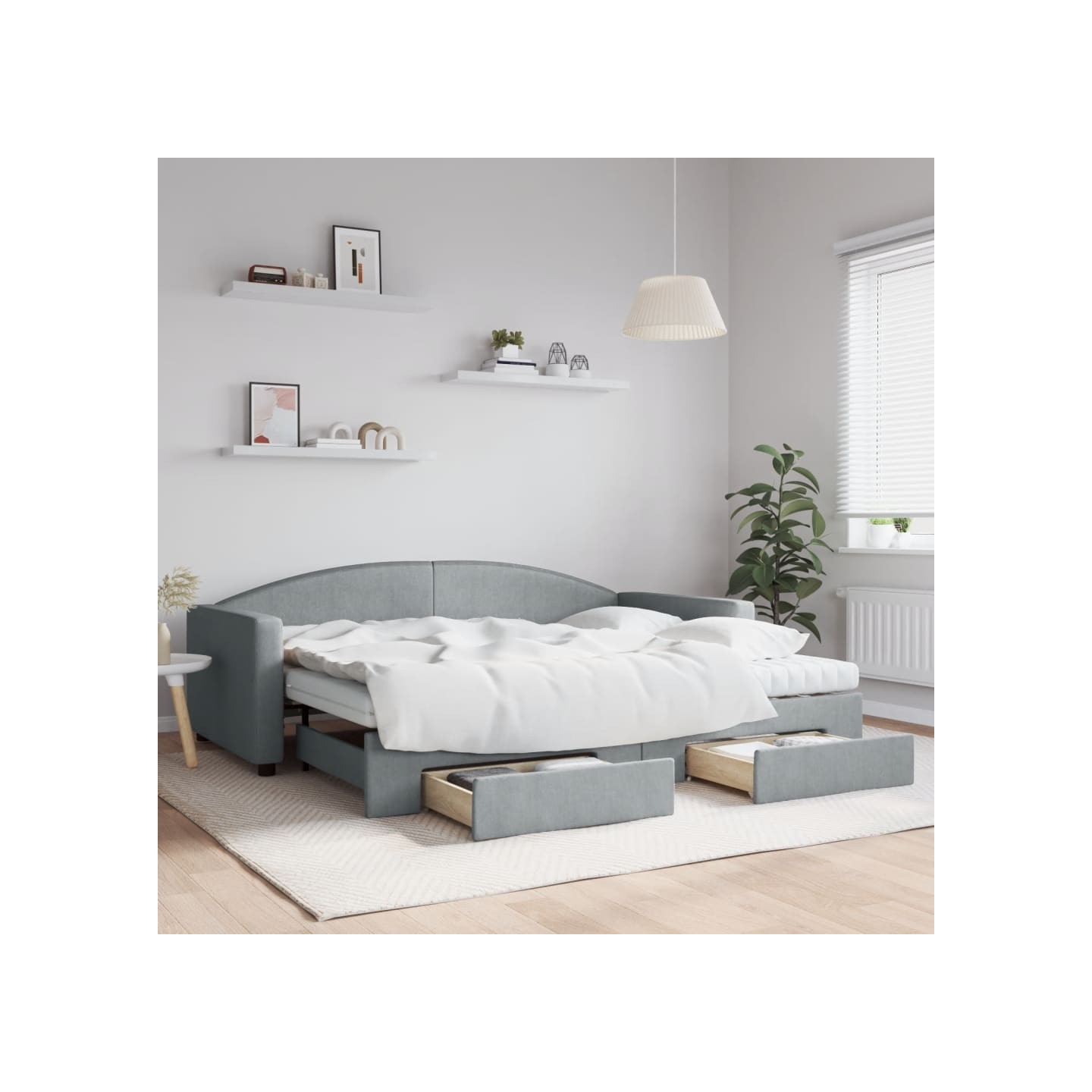 Lit de jour avec gigogne et tiroirs gris clair 90x200 cm tissu
