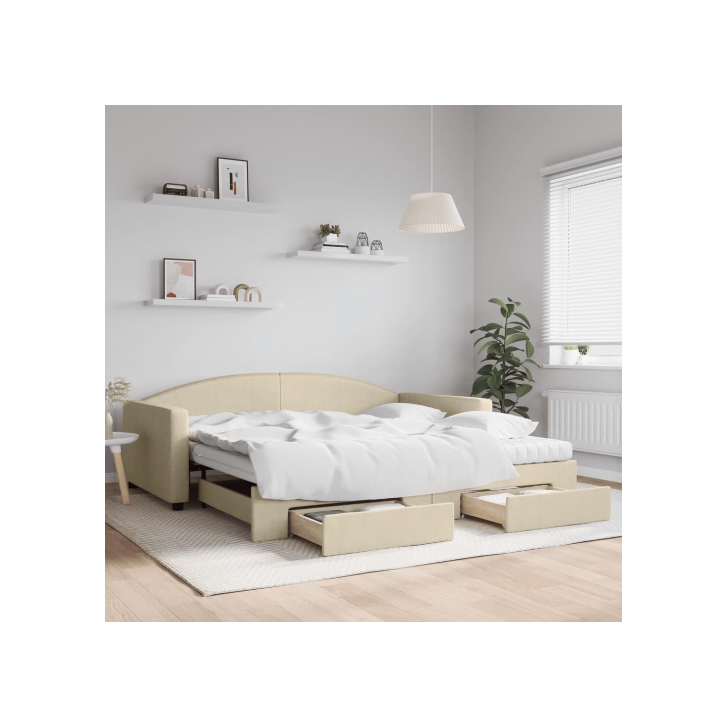 Lit de jour avec gigogne et tiroirs crème 100x200 cm tissu