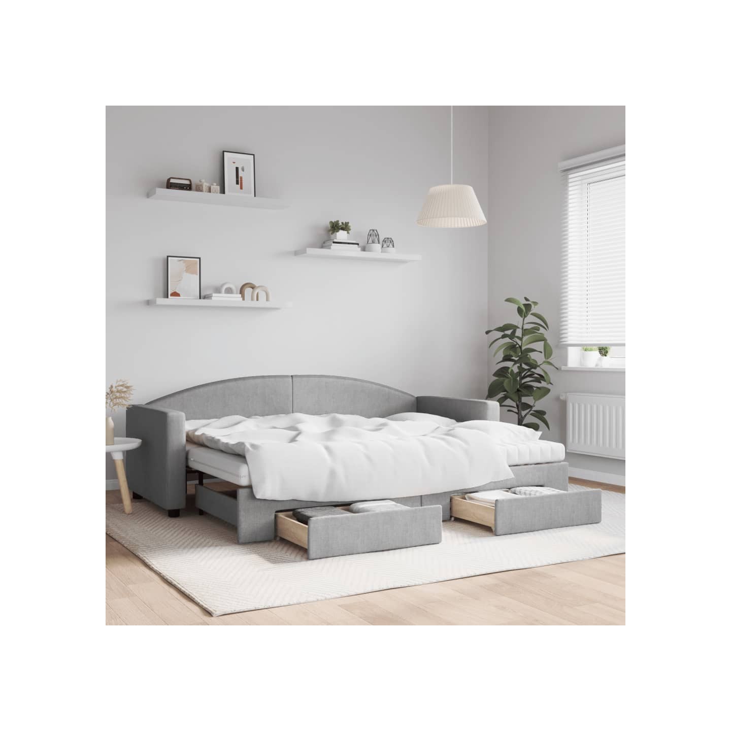 Lit de jour avec gigogne et tiroirs gris clair 80x200 cm tissu