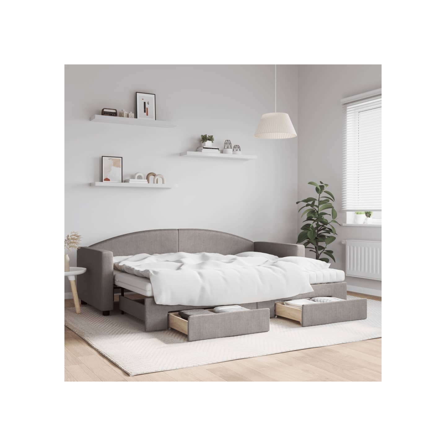 Lit de jour avec gigogne et tiroirs taupe 80x200 cm tissu