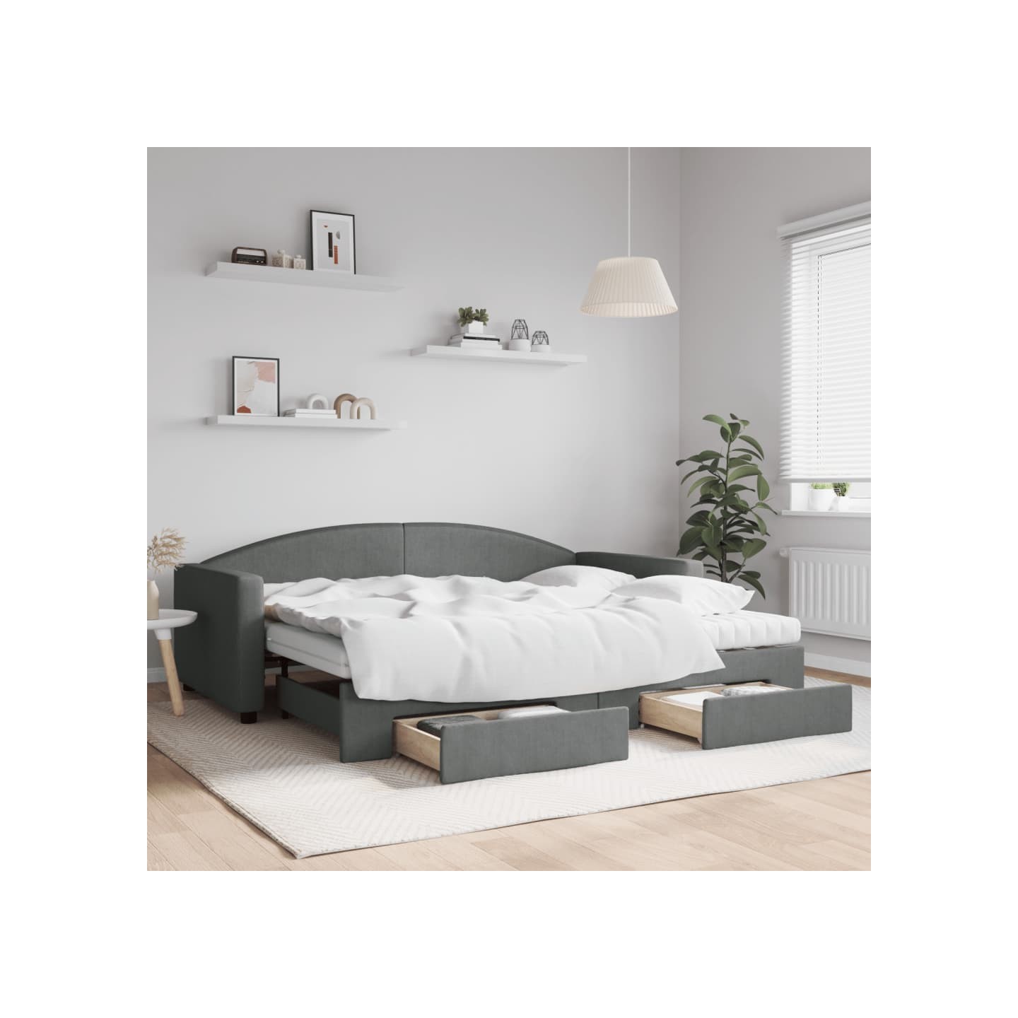 Lit de jour avec gigogne et tiroirs gris foncé 90x200 cm tissu