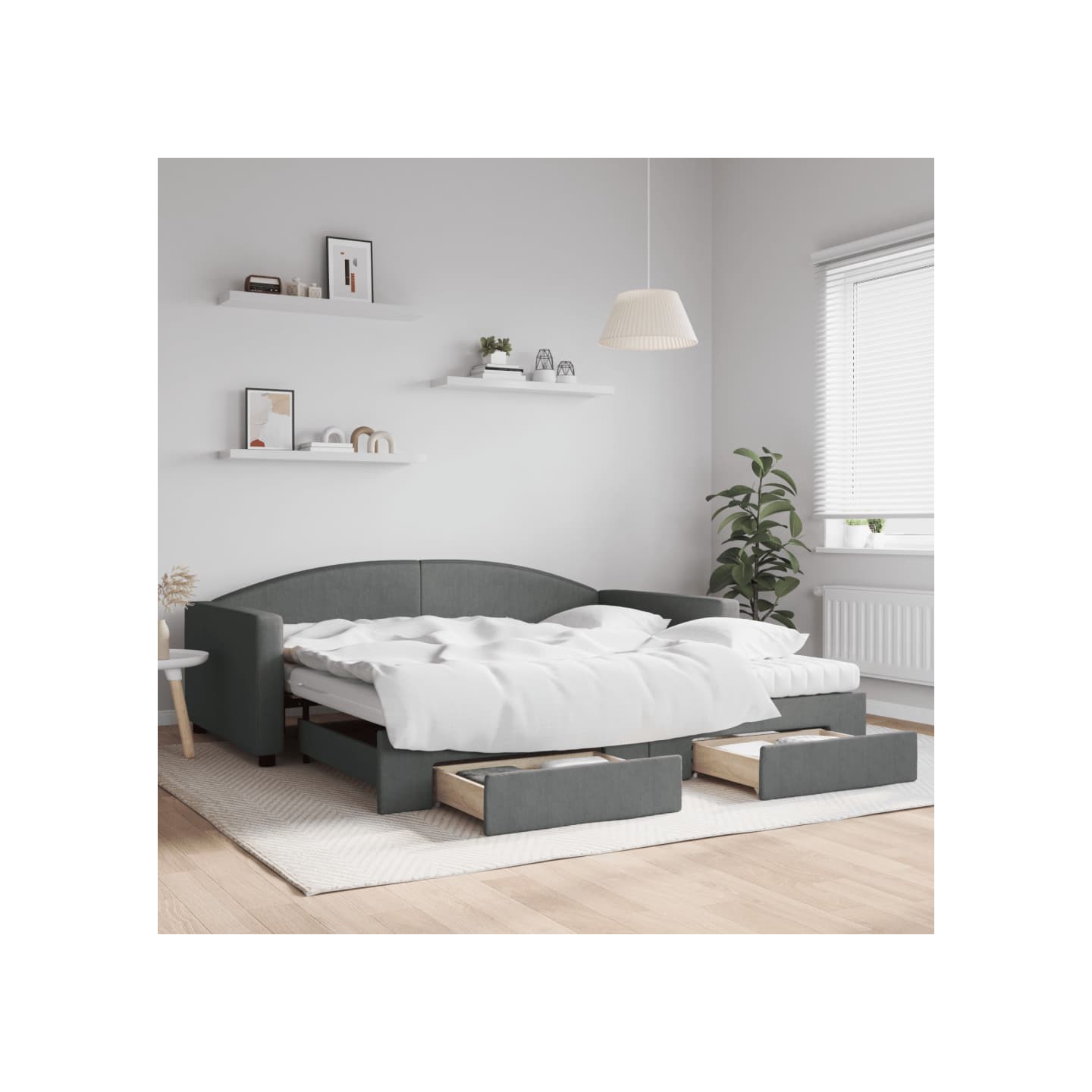 Lit de jour avec gigogne et tiroirs gris foncé 100x200 cm tissu