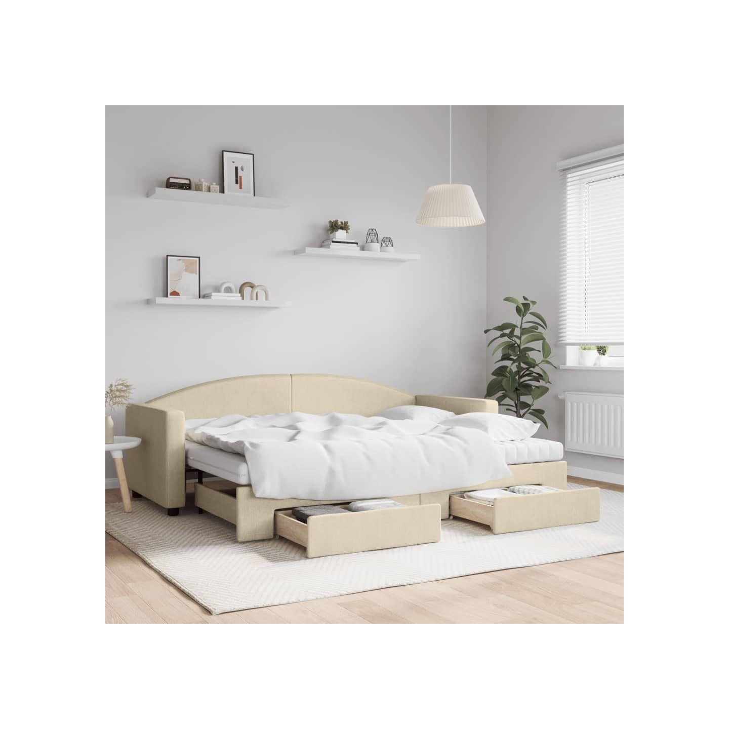 Lit de jour avec gigogne et tiroirs crème 80x200 cm tissu