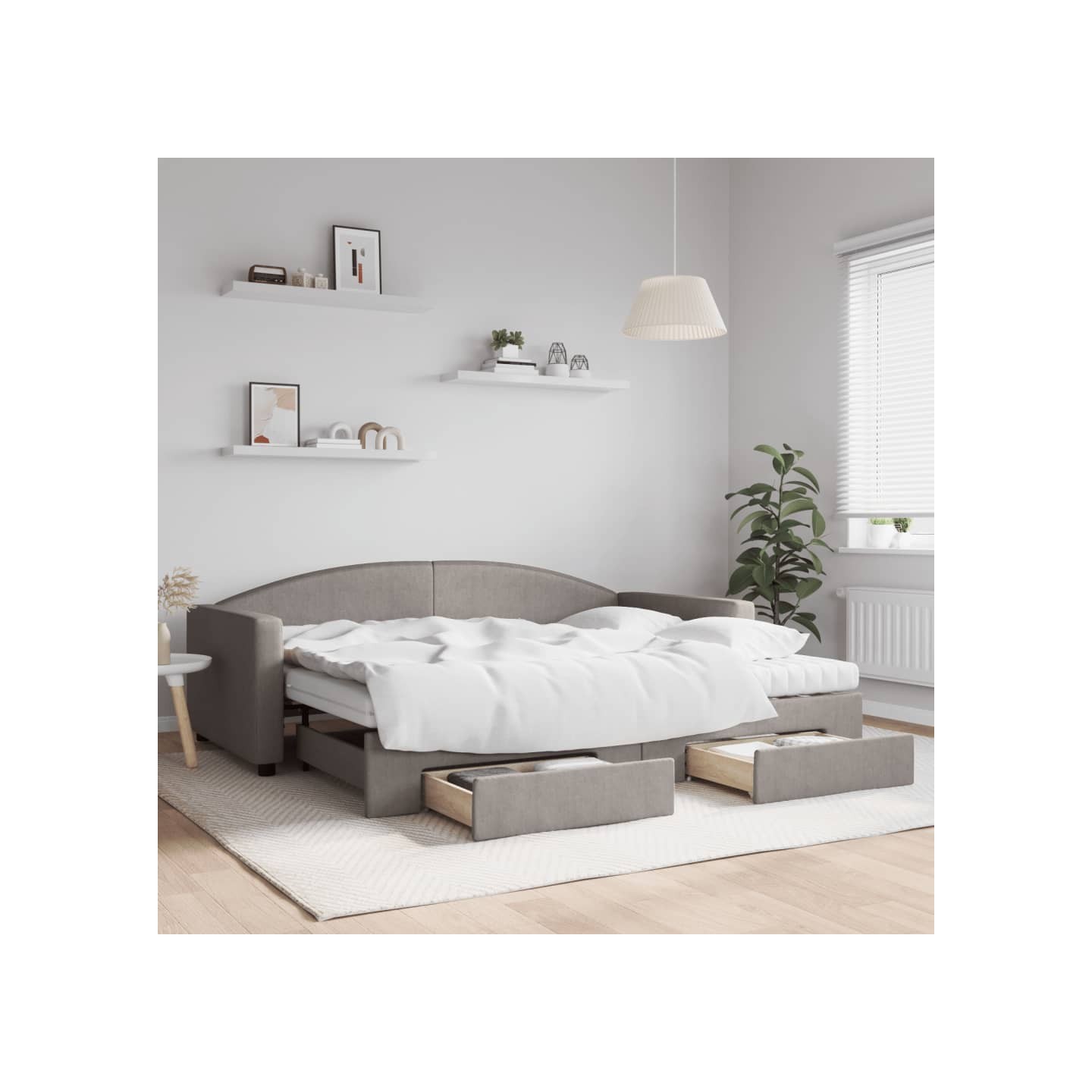Lit de jour avec gigogne et tiroirs taupe 90x200 cm tissu