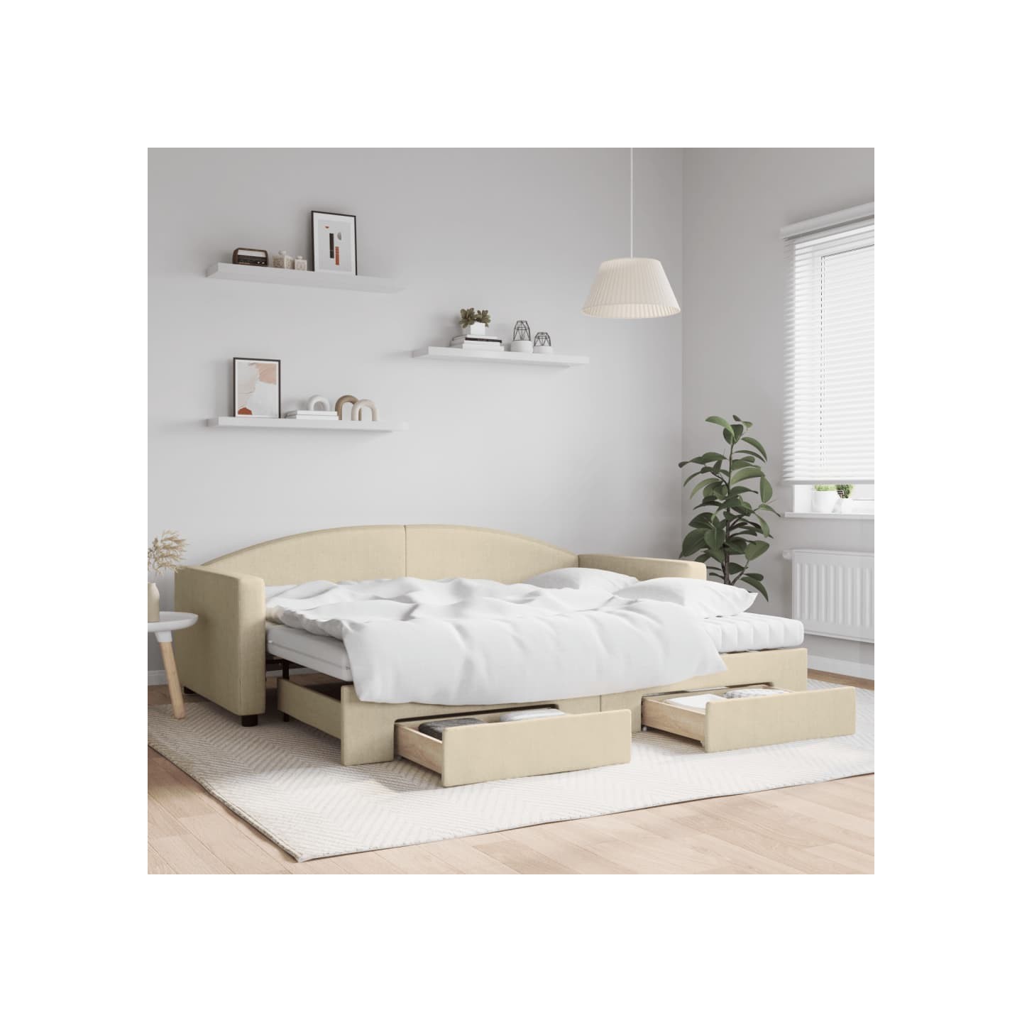 Lit de jour avec gigogne et tiroirs crème 90x200 cm tissu