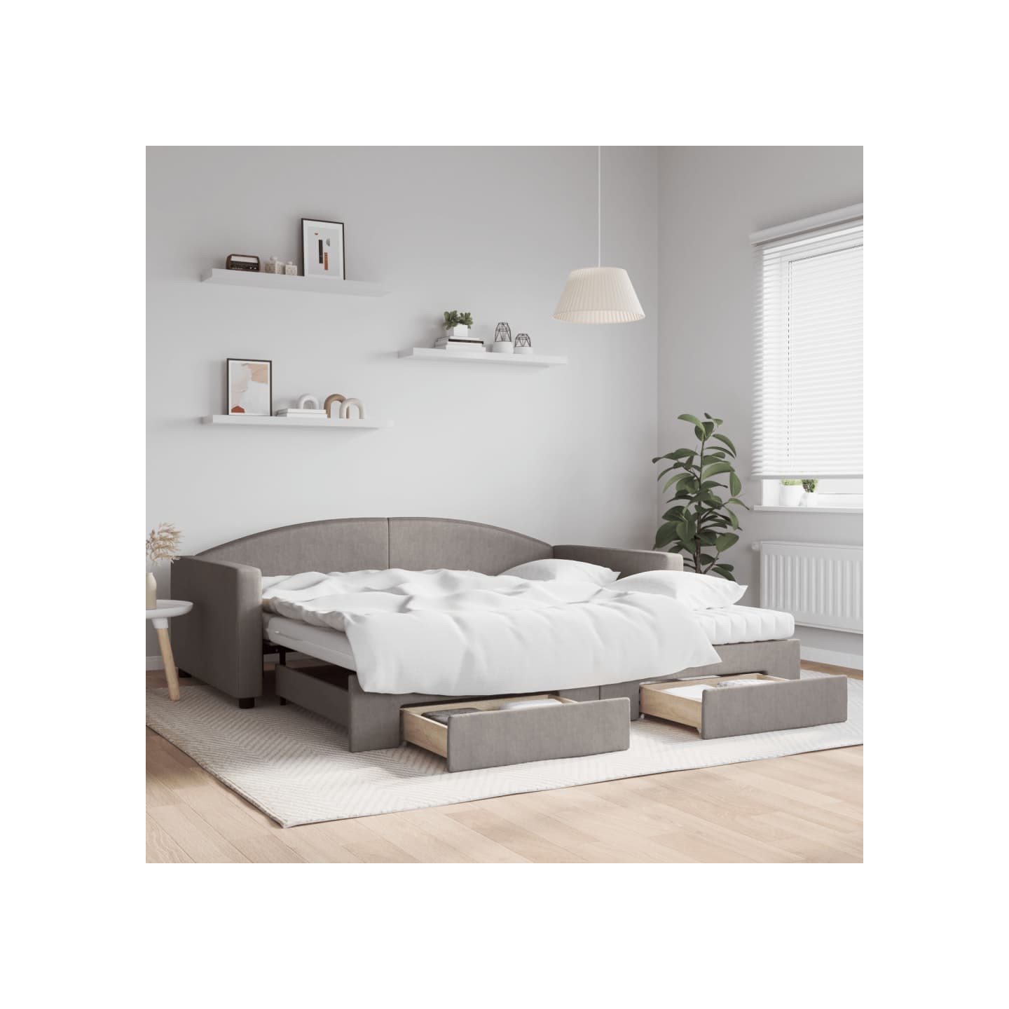 Lit de jour avec gigogne et tiroirs taupe 100x200 cm tissu