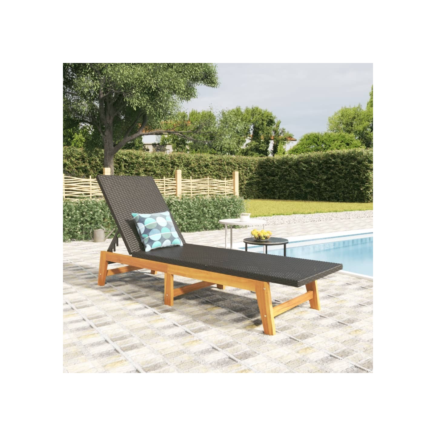 Chaise longue Noir/marron Résine tressée/bois massif d'acacia