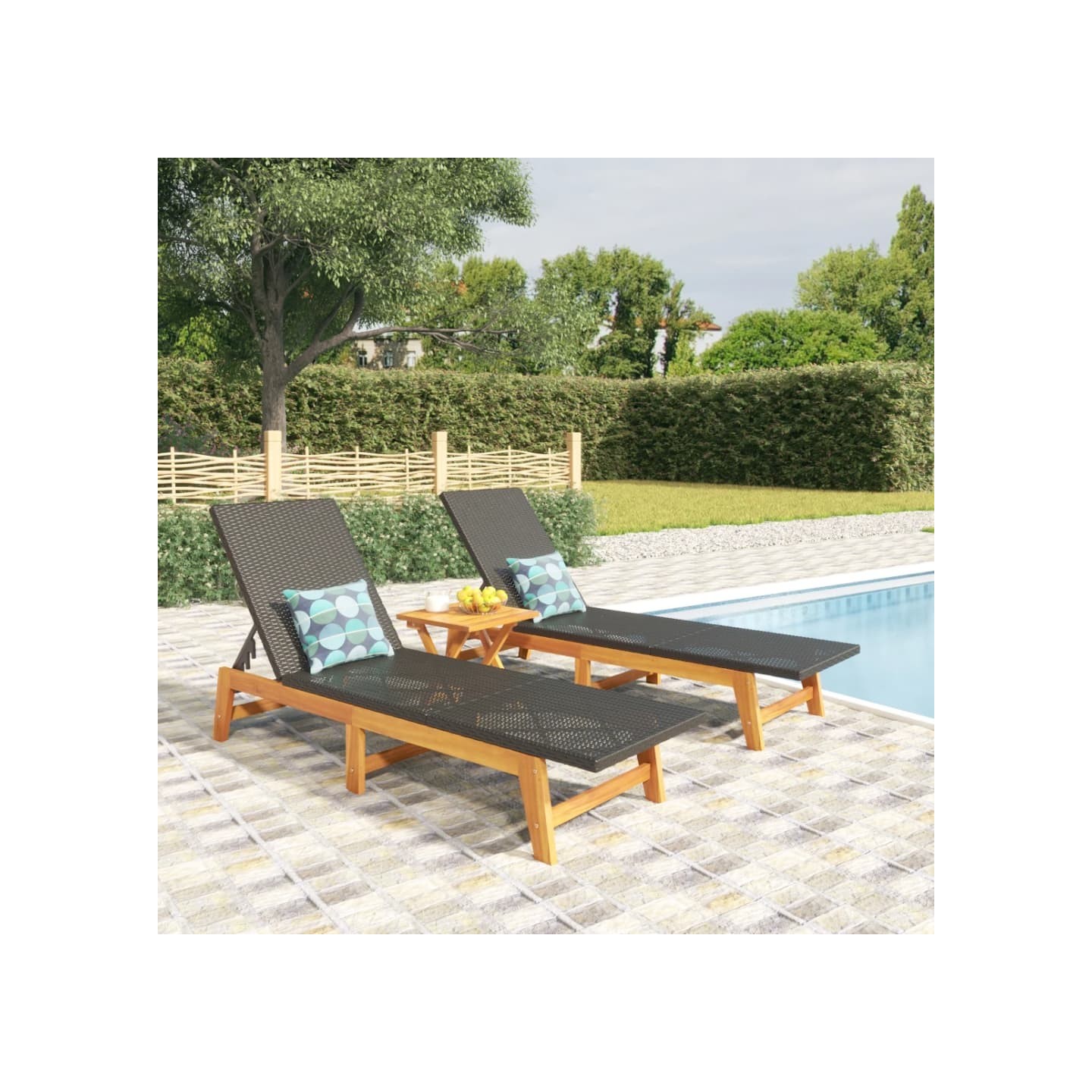 Chaises longues lot de 2 noir/marron résine tressée/bois acacia