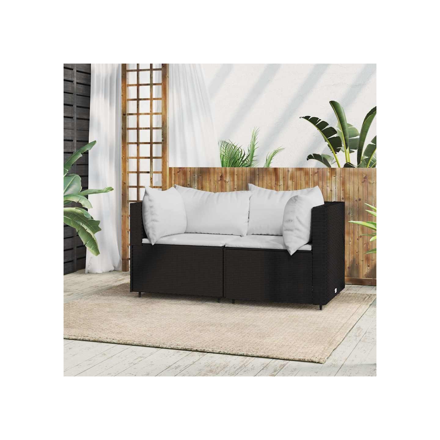 Canapé d'angle de jardin avec coussins Noir Résine tressée