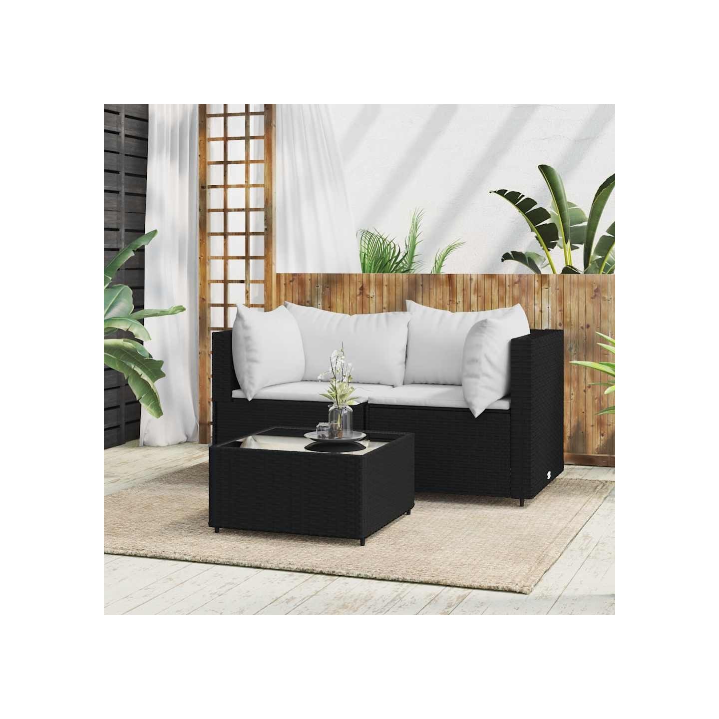 Salon de jardin 3 pcs avec coussins Noir Résine tressée