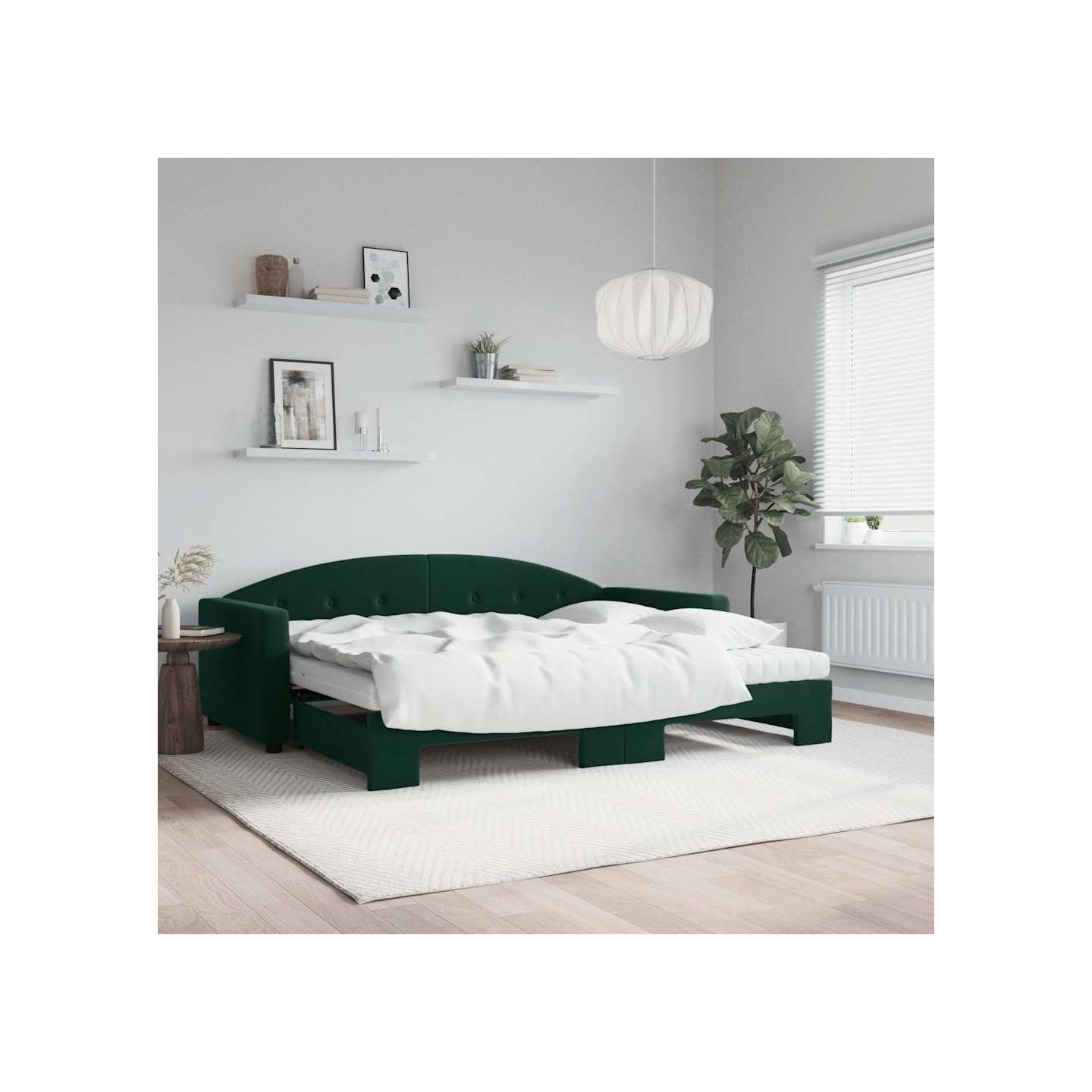 Lit de jour avec gigogne et matelas vert foncé 90x200cm velours