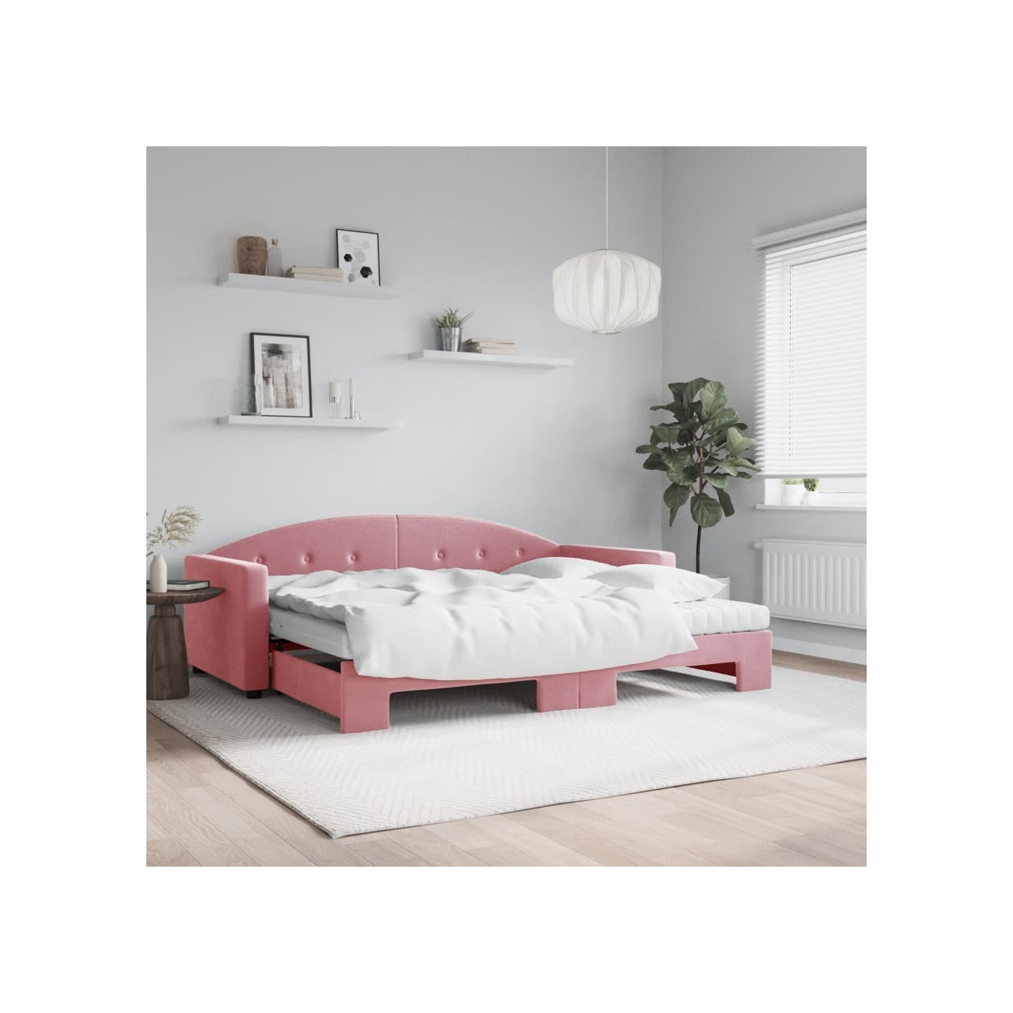 Lit de jour avec gigogne et matelas rose 90x200 cm velours