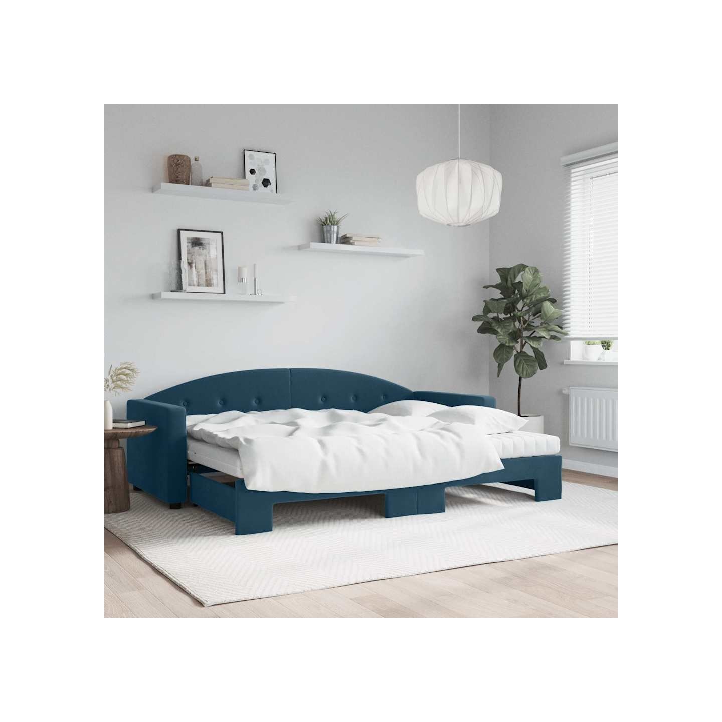 Lit de jour avec lit gigogne et matelas bleu 80x200 cm velours