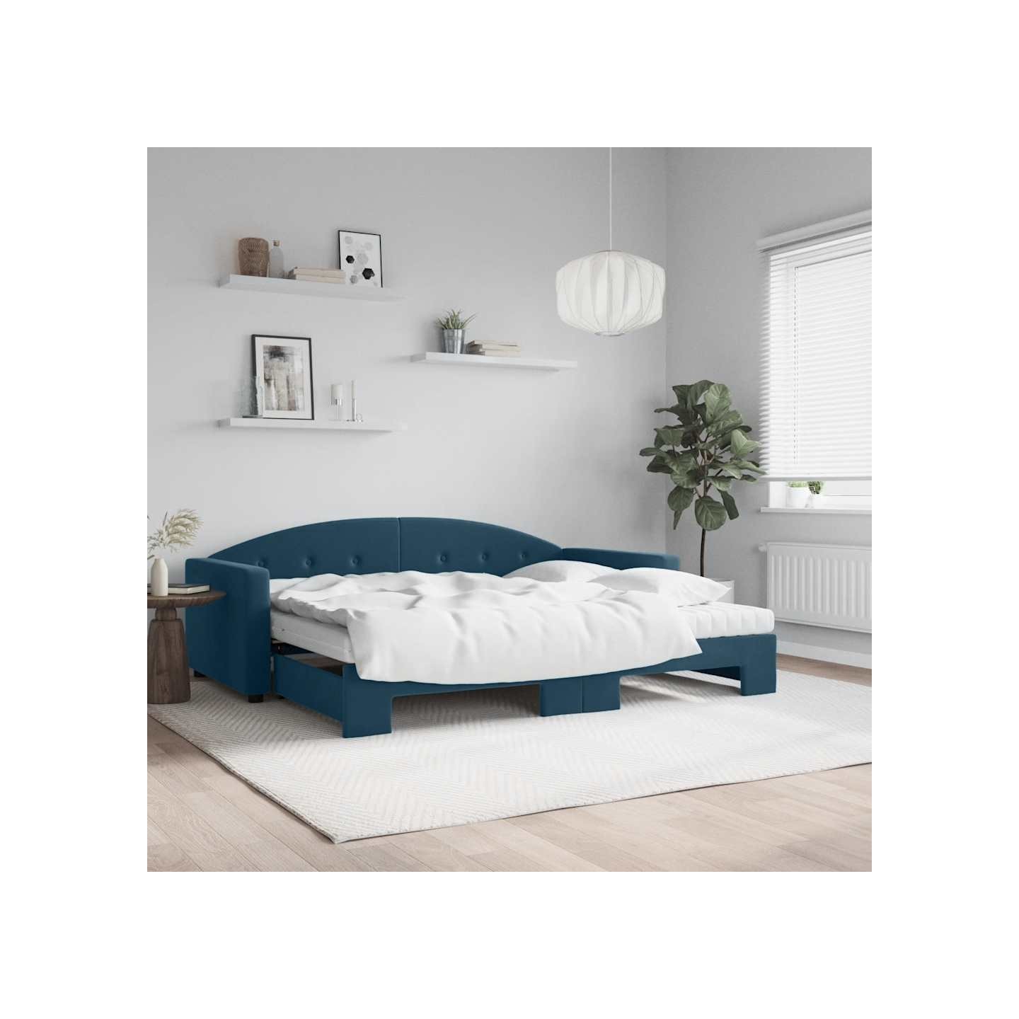 Lit de jour avec lit gigogne et matelas bleu 90x200 cm velours