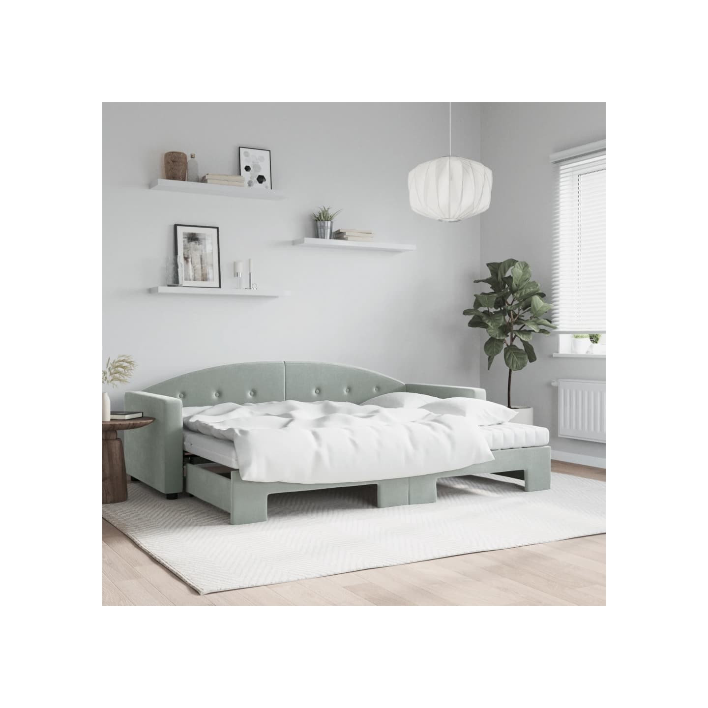 Lit de jour avec gigogne et matelas gris clair 80x200cm velours