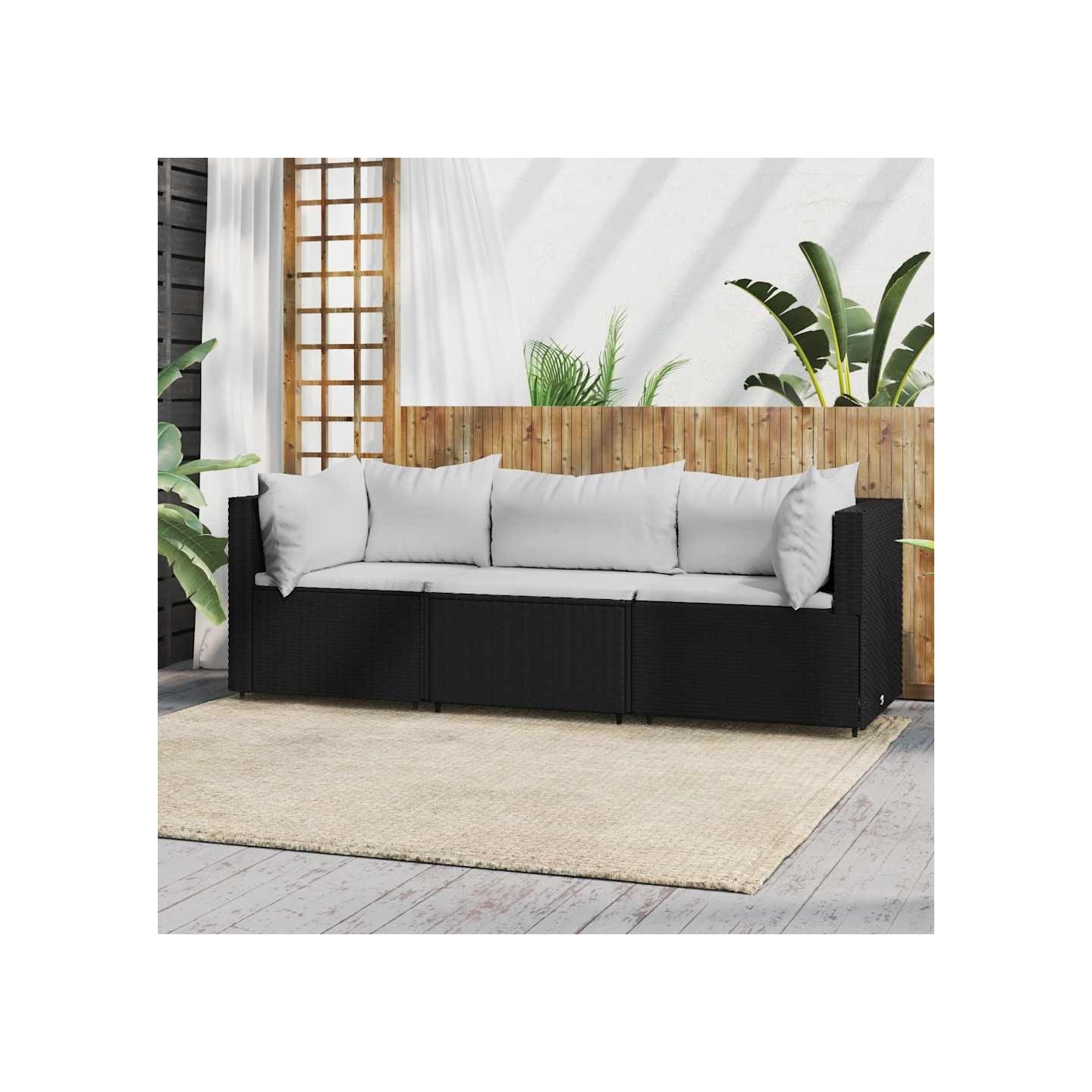 Salon de jardin 3 pcs avec coussins Noir Résine tressée
