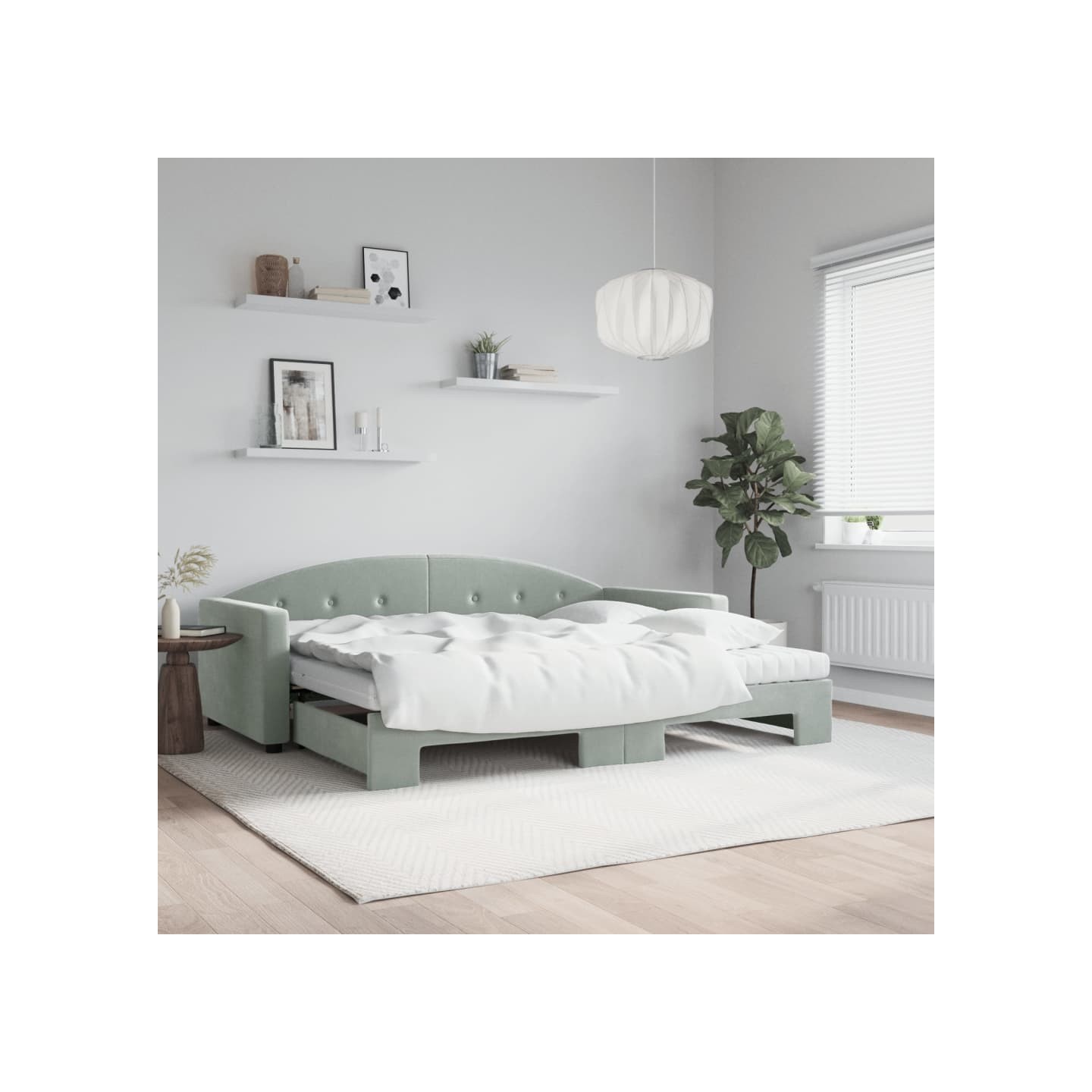 Lit de jour avec gigogne et matelas gris clair 90x200cm velours