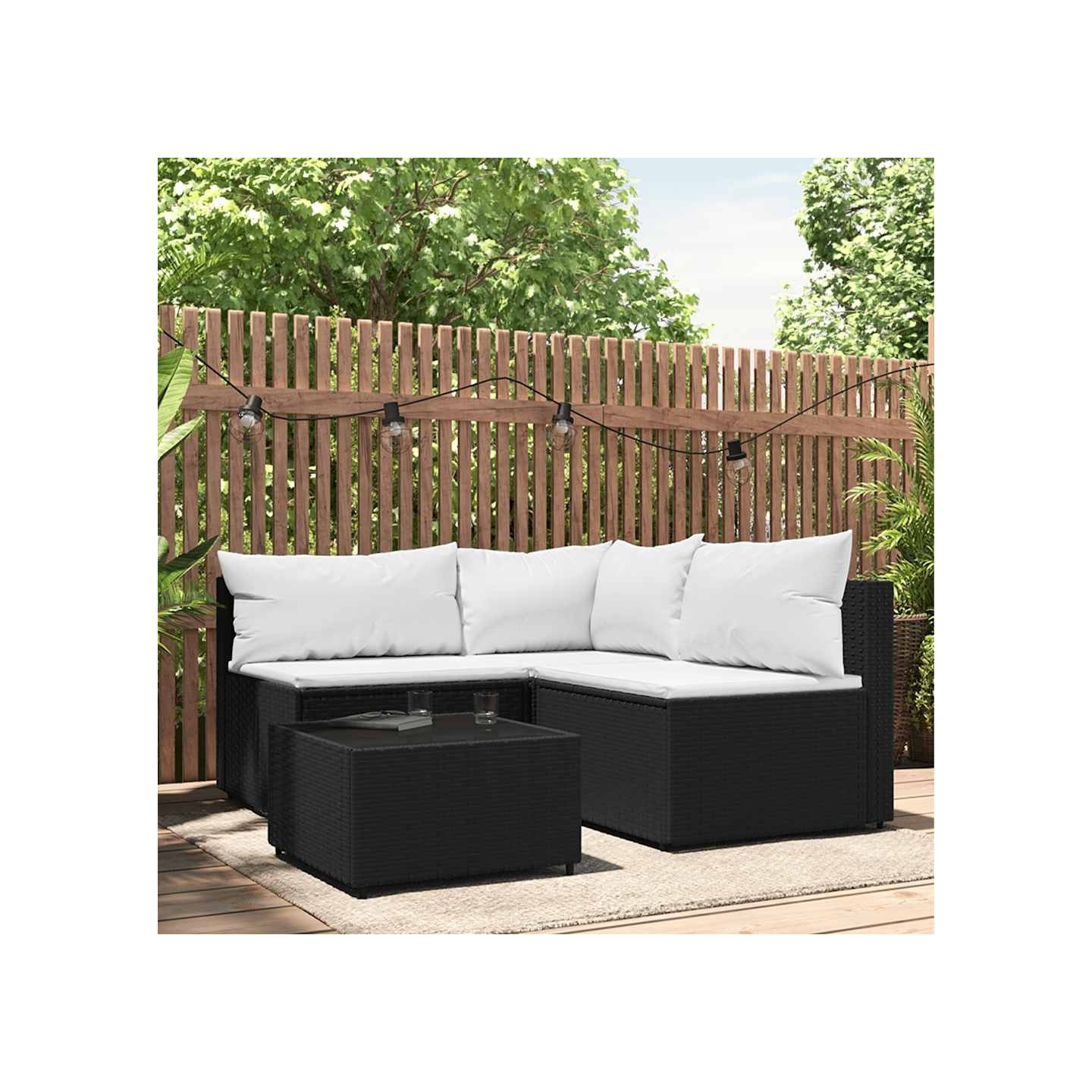 Salon de jardin 4 pcs avec coussins Noir Résine tressée